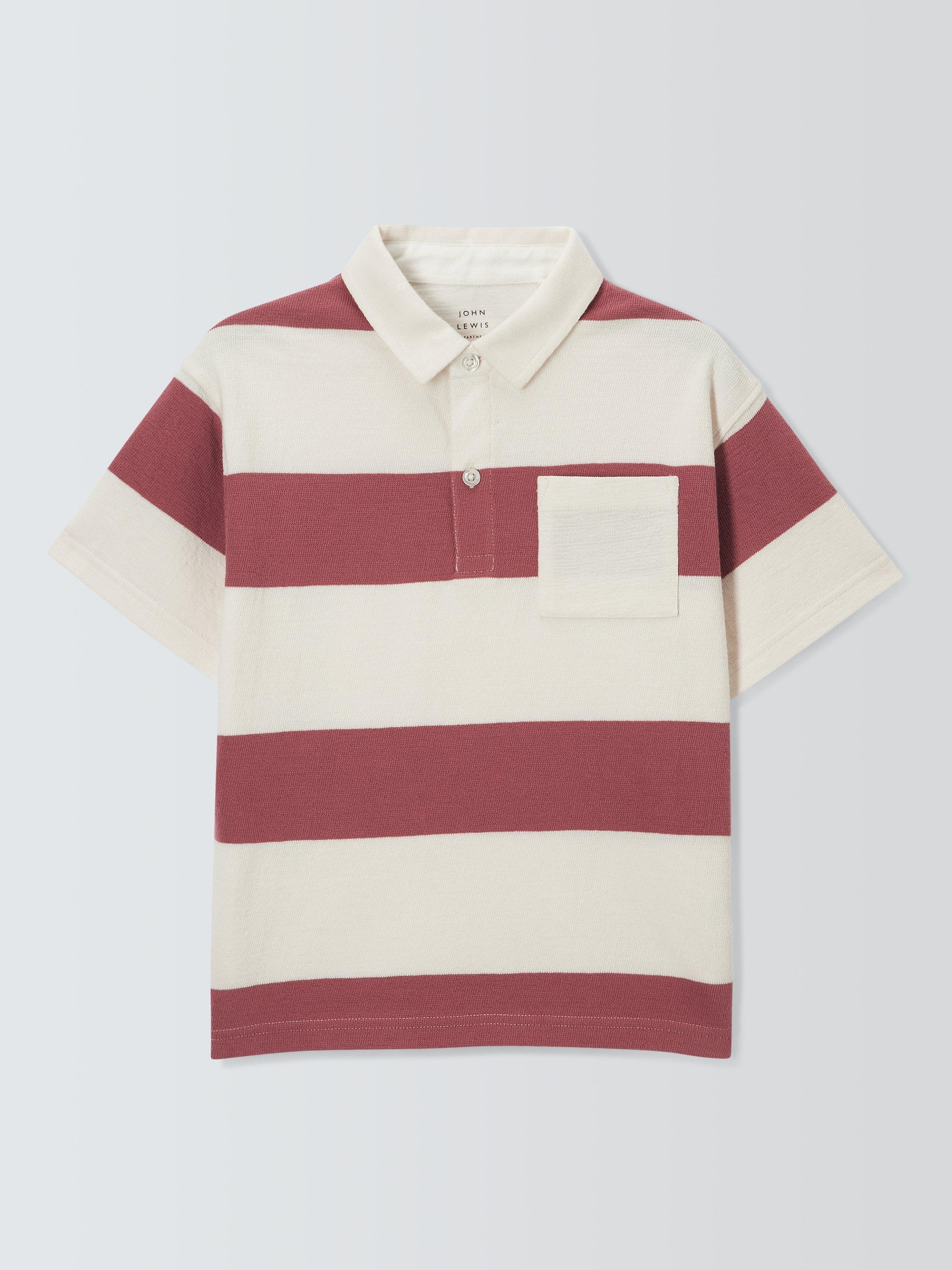 Product image 4 of 7, which shows John Lewis Kids' Block Stripe Pocket Polo Shirt, Red/Multi, 2 years