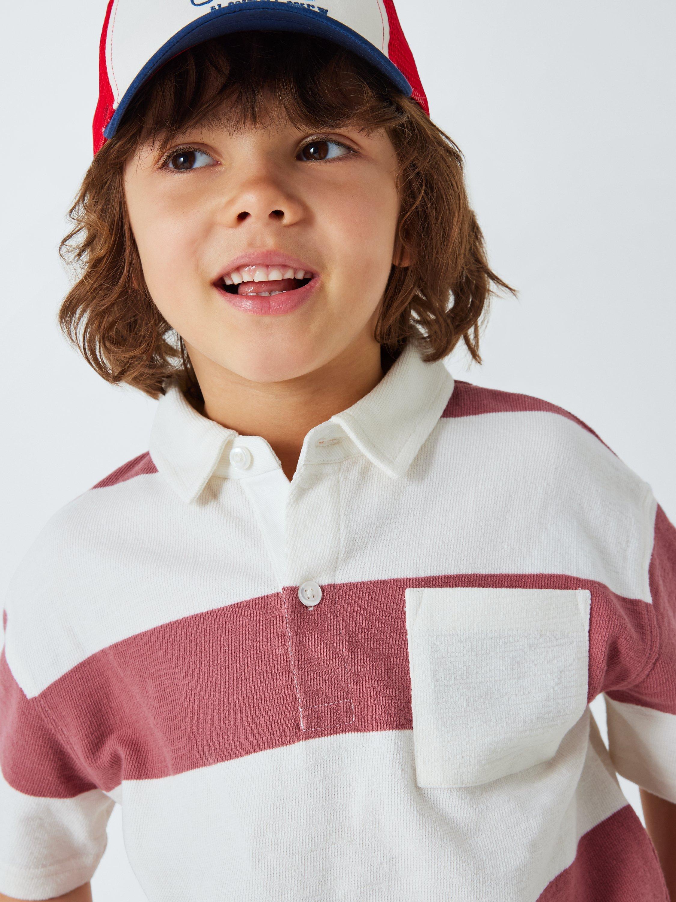 Product image 3 of 7, which shows John Lewis Kids' Block Stripe Pocket Polo Shirt, Red/Multi, 2 years