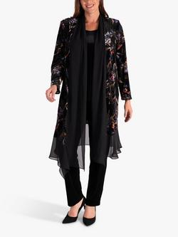 chesca Velvet Devoree Long Coat with Chiffon Trim, Black/Multi, Black/Multi
