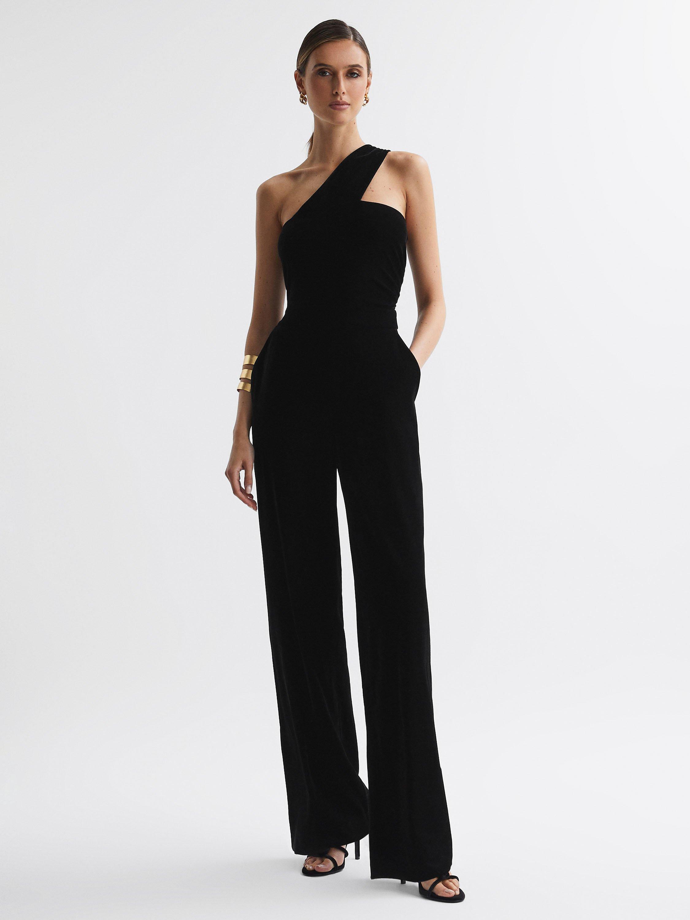 Reiss Petite Winter Velvet One Shoulder Jumpsuit, Black
