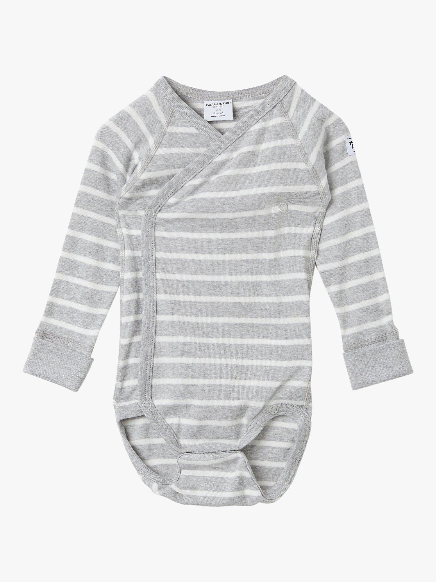 Product image 1 of 3, which shows Polarn O. Pyret Baby Organic Cotton Stripe Wrap Over Bodysuit, Grey/White, Earl years