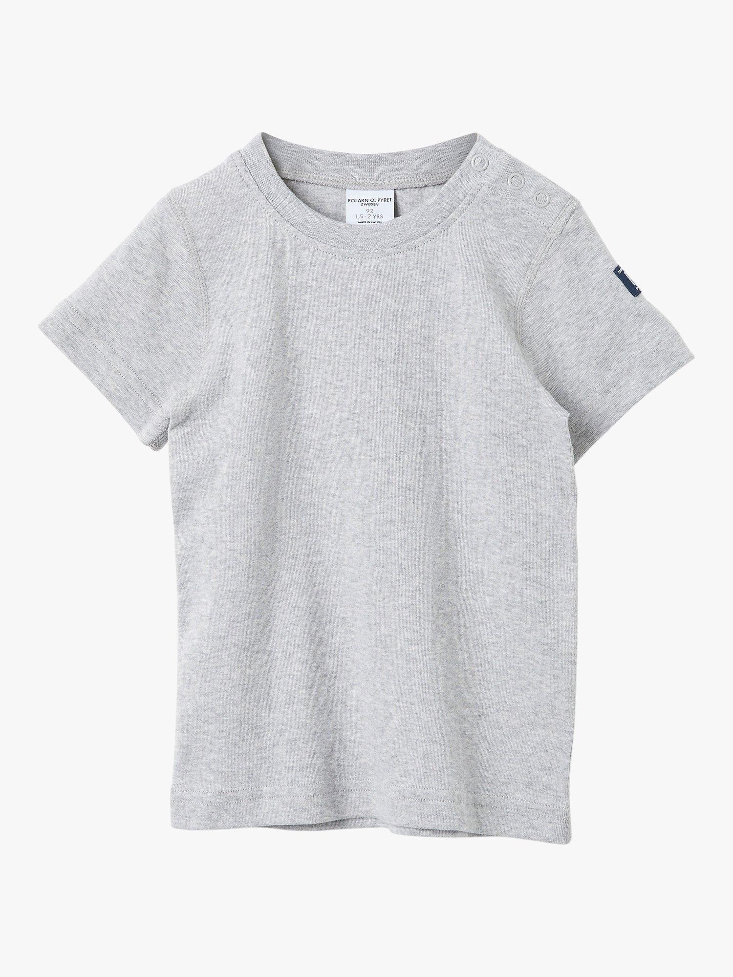 Product image 1 of 2, which shows Polarn O. Pyret Kids' Organic Cotton Short Sleeve T-Shirt, Grey, 6-9 months