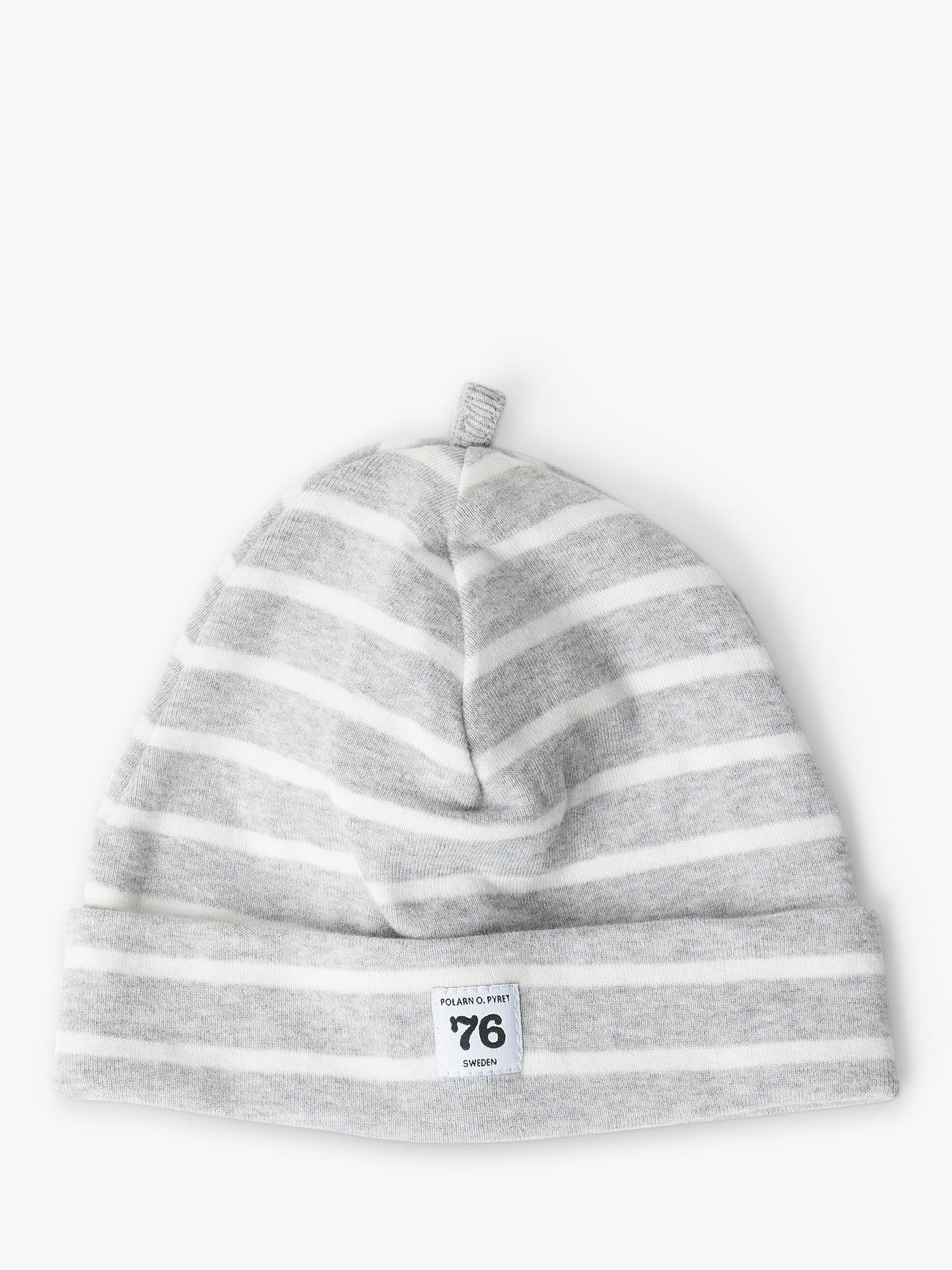 Product image 1 of 3, which shows Polarn O. Pyret Baby Organic Cotton Striped Hat, Grey, Earl years