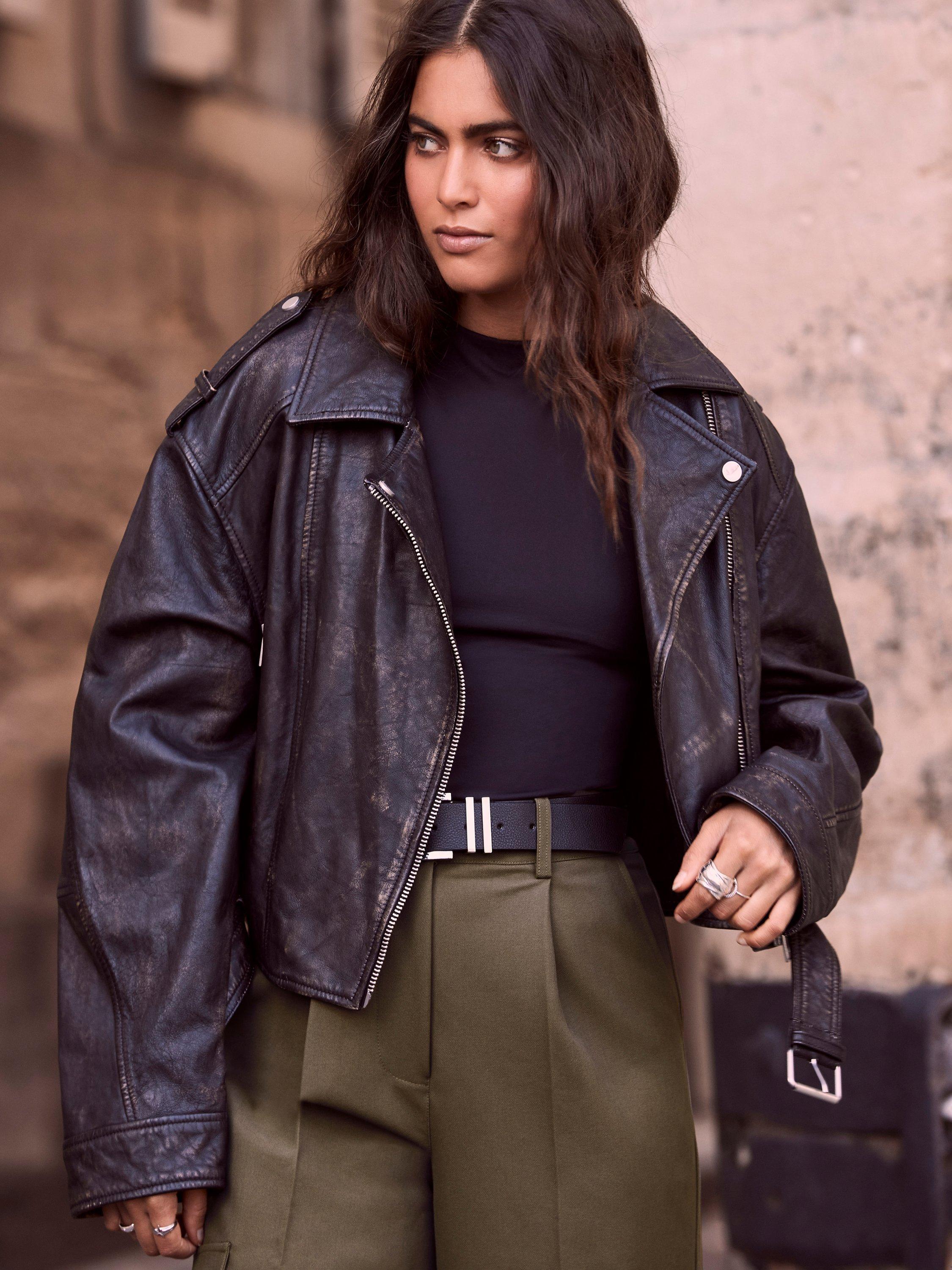 Mint Velvet Distressed Leather Biker Jacket, Brown