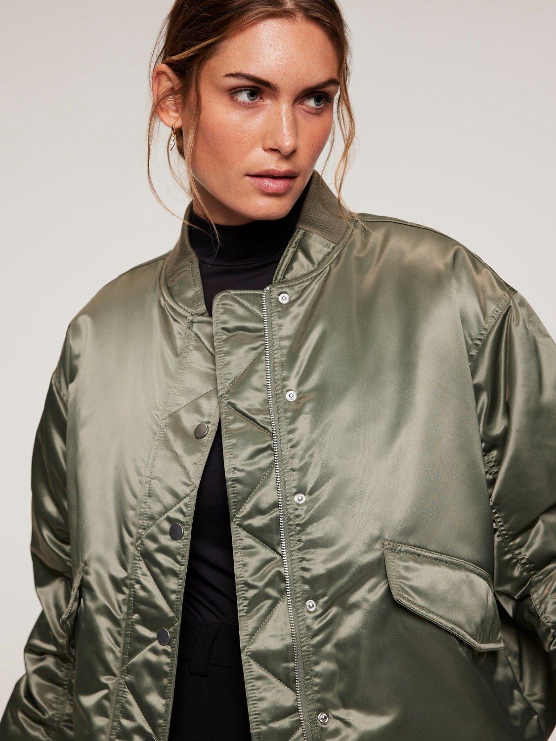 Mint Velvet Satin Bomber Jacket, Khaki