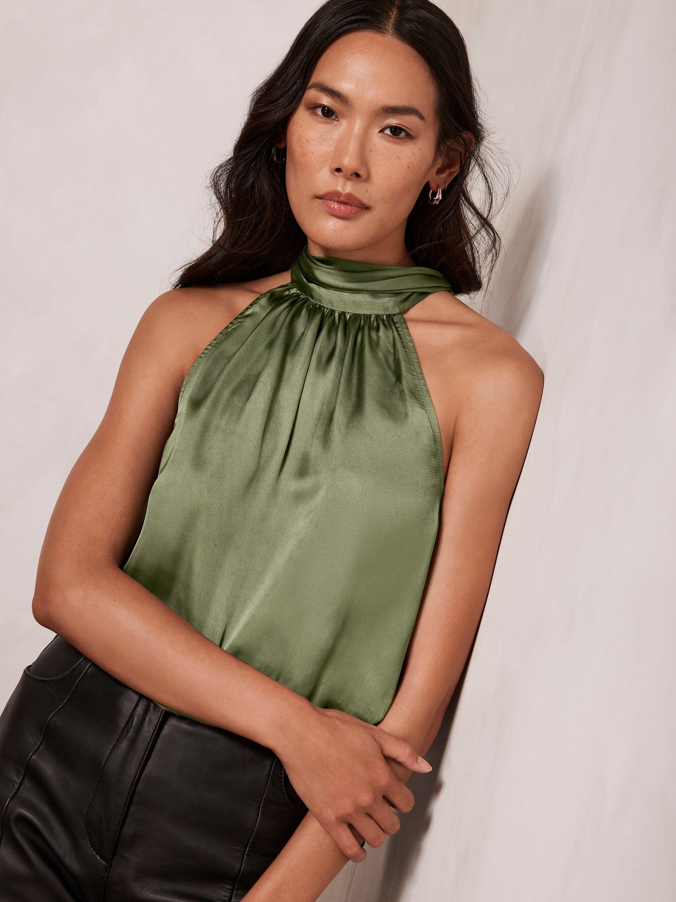 Mint Velvet Satin Halter Neck Top, Green Khaki