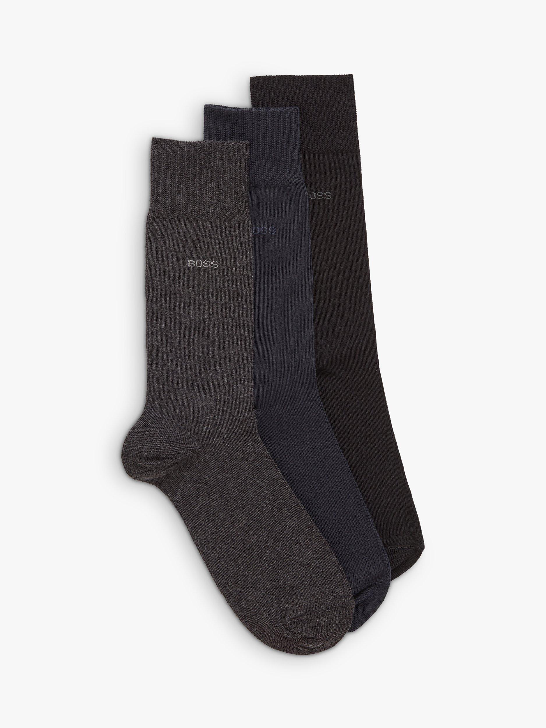 Product image 1 of 3, which shows BOSS Ribbed Iconic Logo Cotton Blend Socks, Pack of 3, Black/Blue/Grey, L-XL