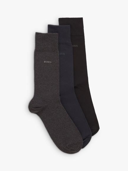 BOSS Ribbed Iconic Logo Cotton Blend Socks, Pack of 3, Black/Blue/Grey