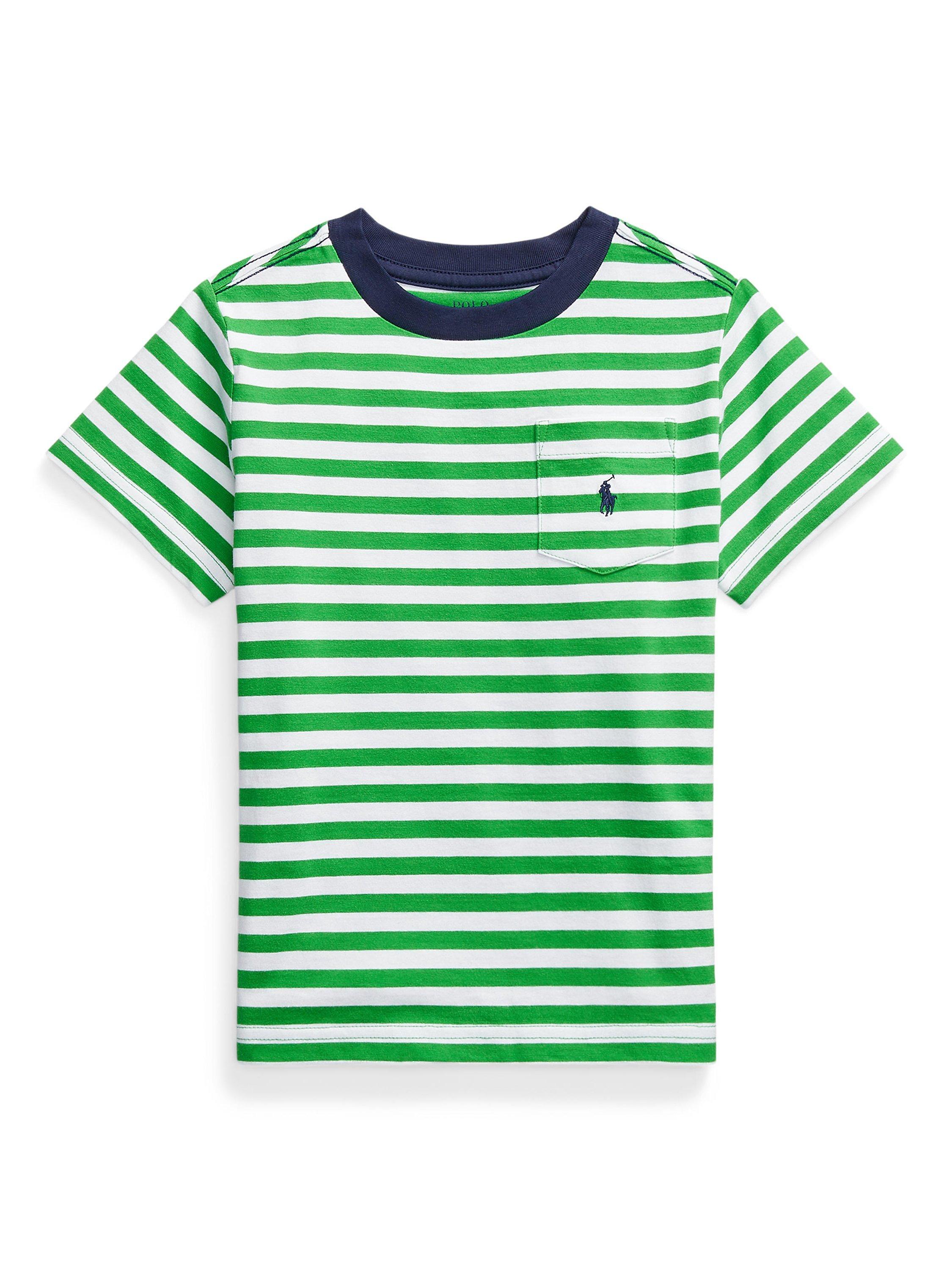 Ralph Lauren Kids' Cotton Stripe Logo Pocket Short Sleeve T-Shirt, Preppy Green