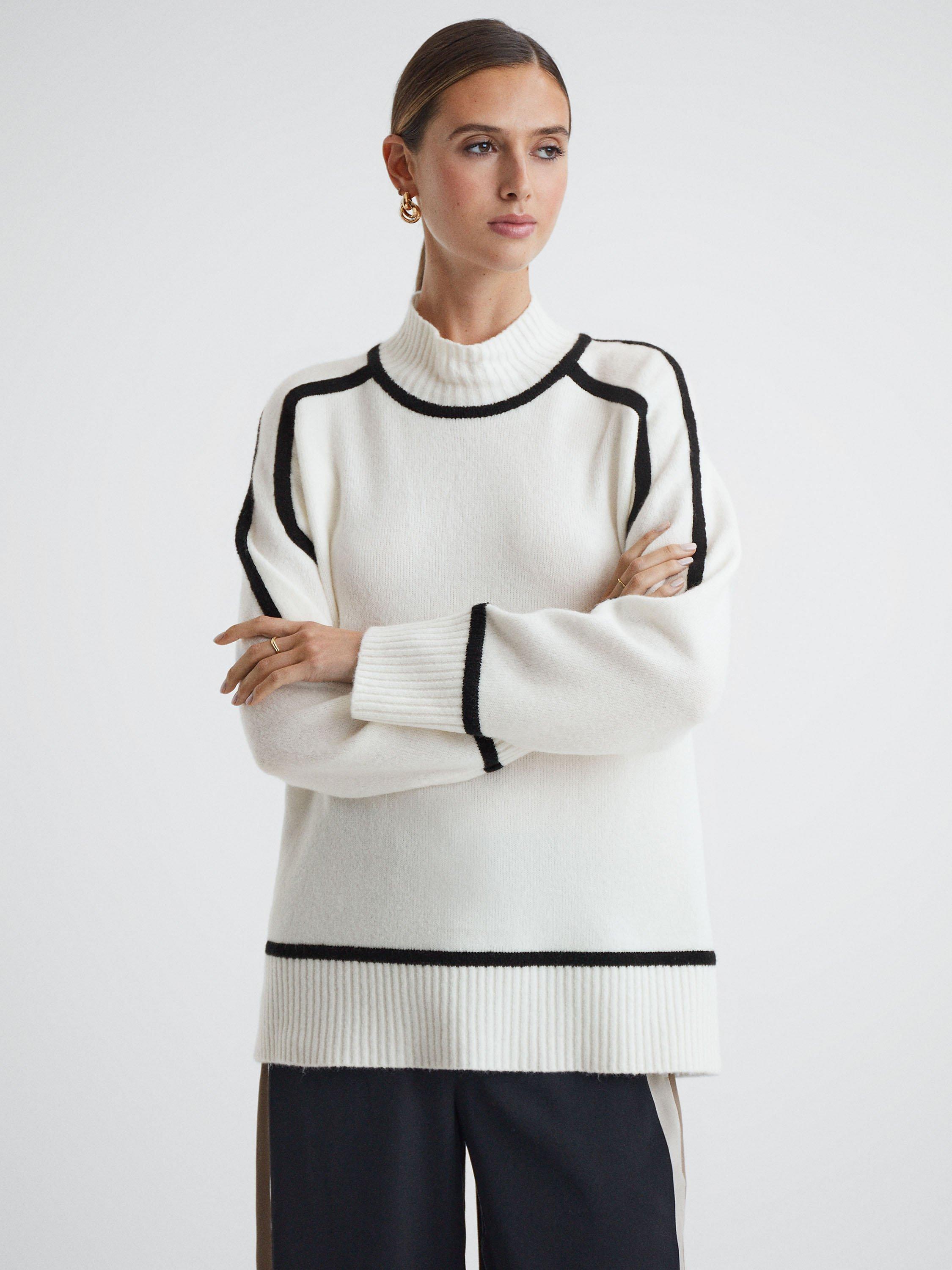 Reiss Geo Colour Contrast Stripe Wool Blend Jumper, Ivory/Black