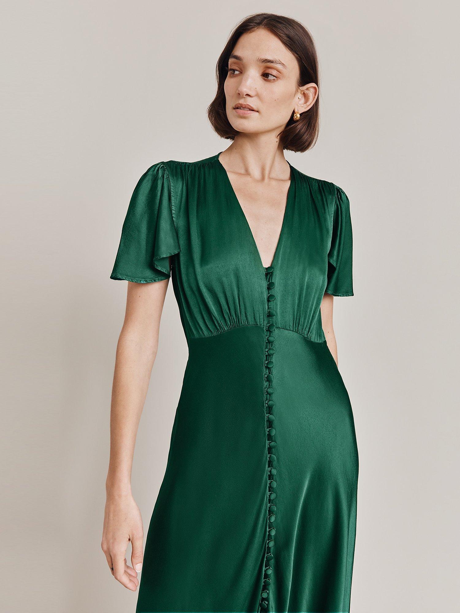 Ghost Grace Satin Swing Midi Dress Dark Green