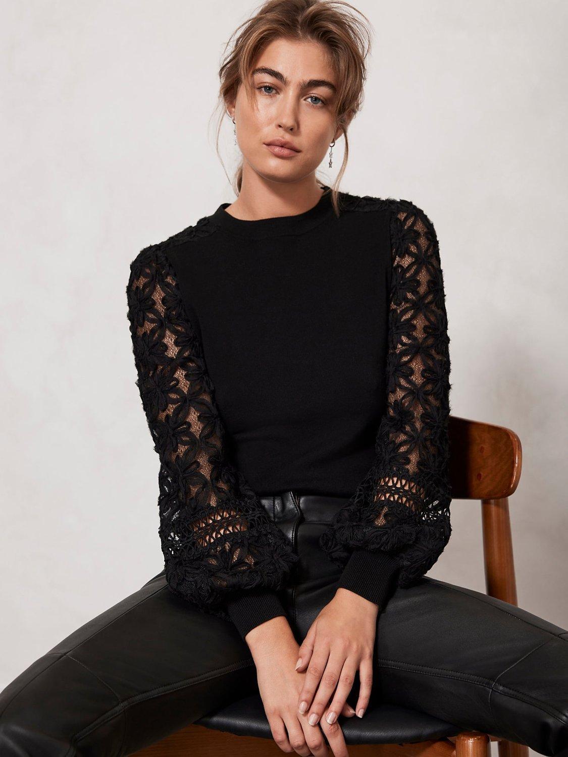 Mint Velvet Lace Sleeve Jumper, Black