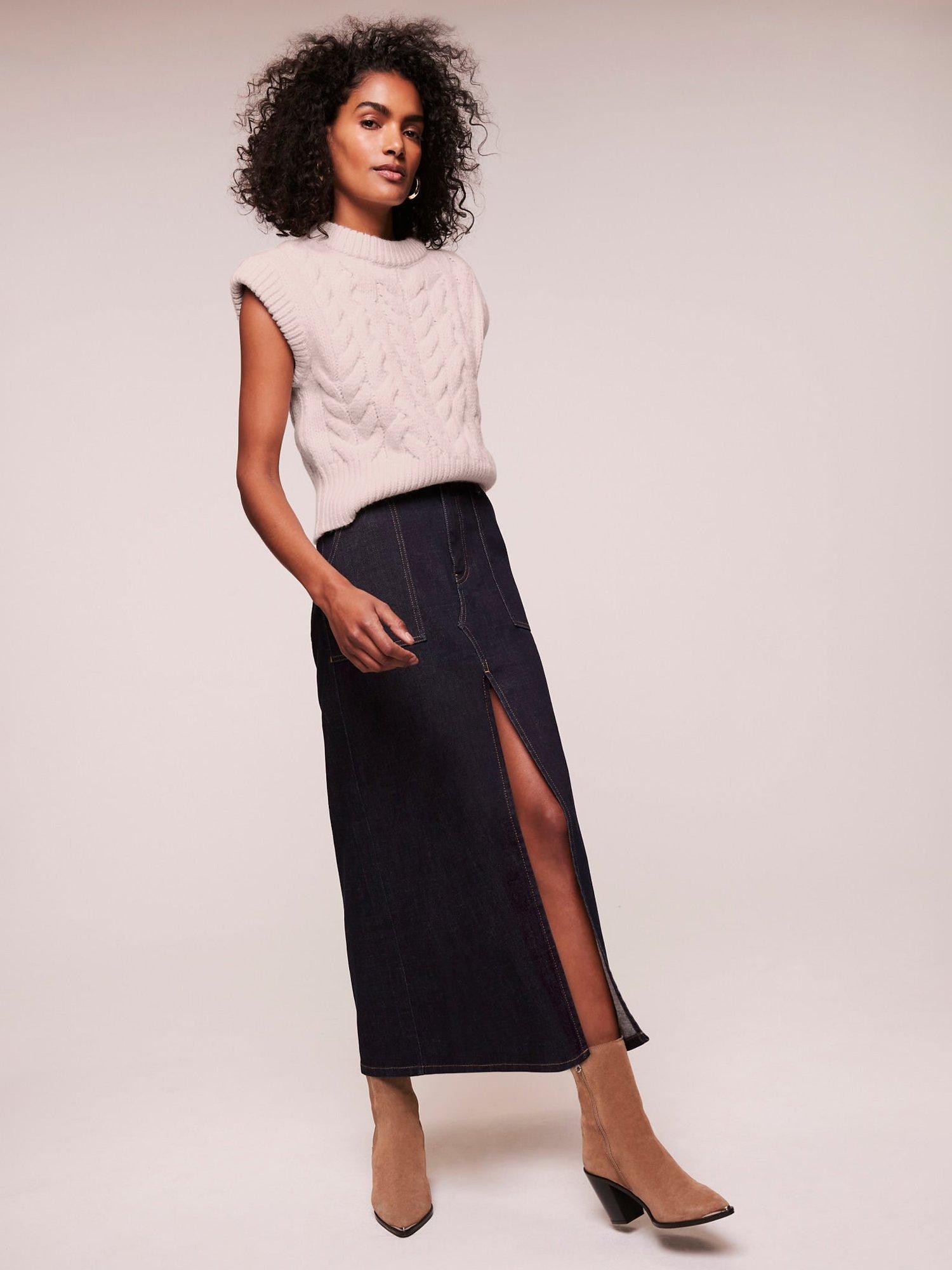 Mint Velvet Split Front Denim Midi Skirt Dark Blue