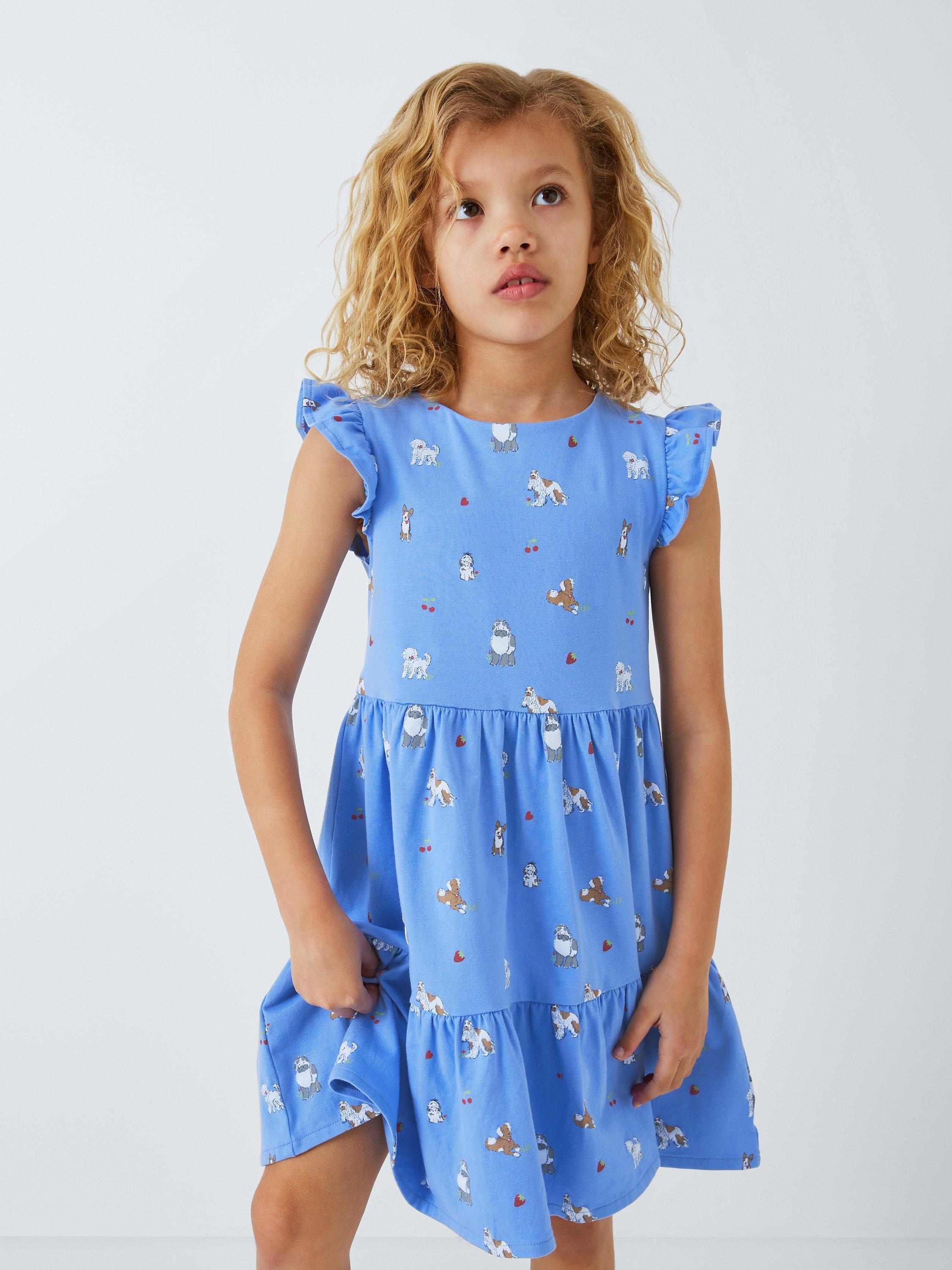 John Lewis Kids' Dogs Tiered Jersey Dress, Blue