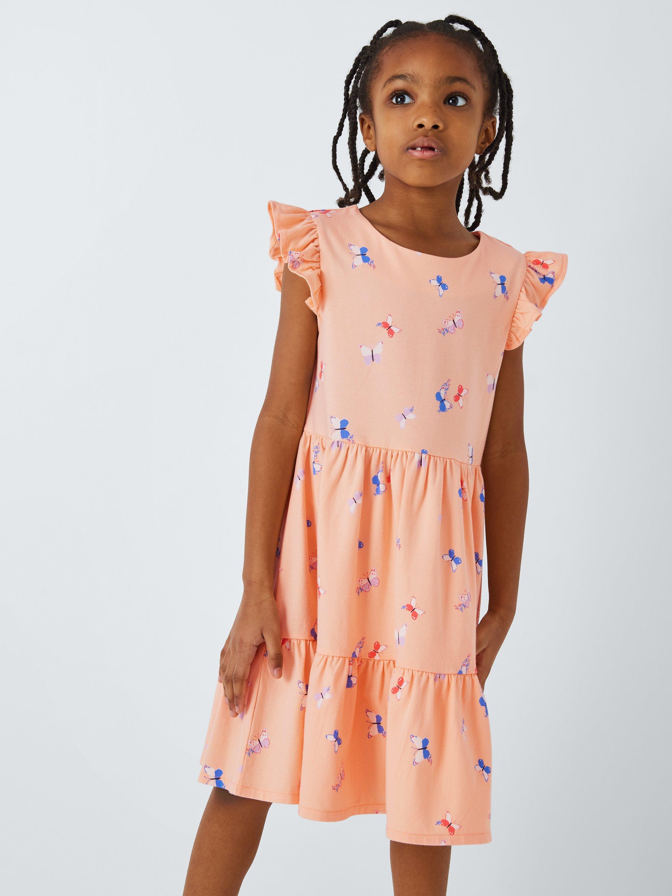 John Lewis Kids Butterfly Print Jersey Tiered Dress Peach Parfait