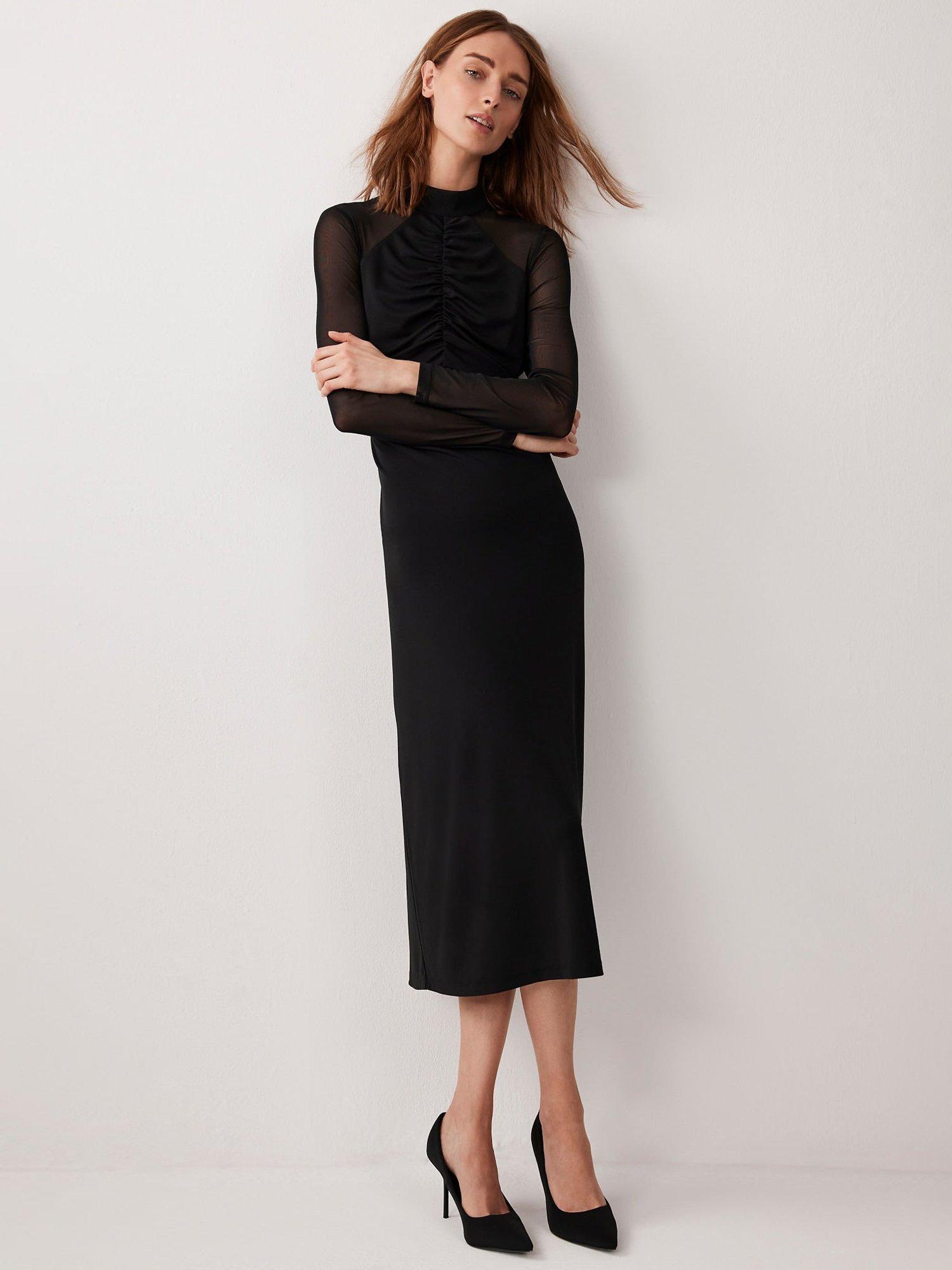 Mint Velvet Mesh Ruched Midi Dress, Black