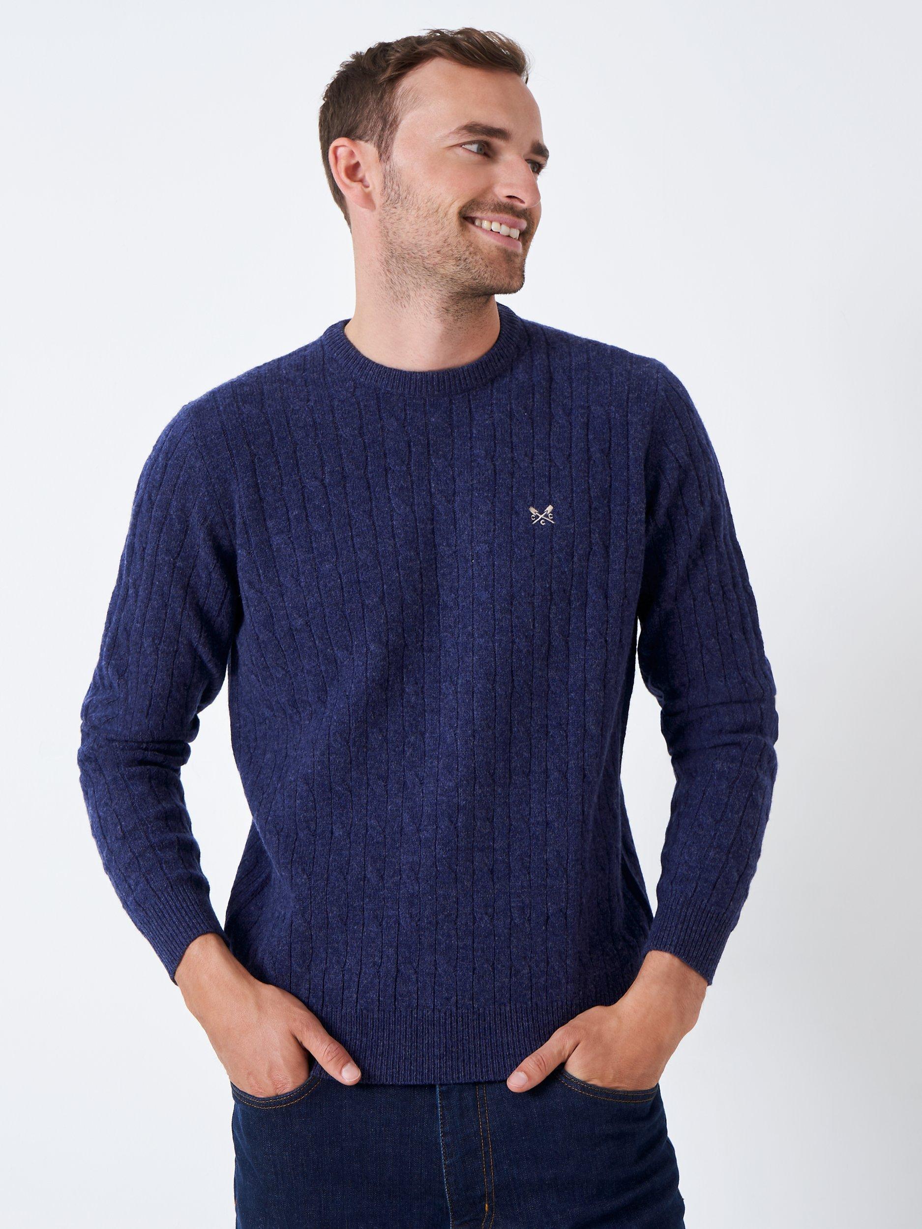 Crew Clothing Lambswool Blend Cable Knit Crew Neck Jumper, Navy Blue