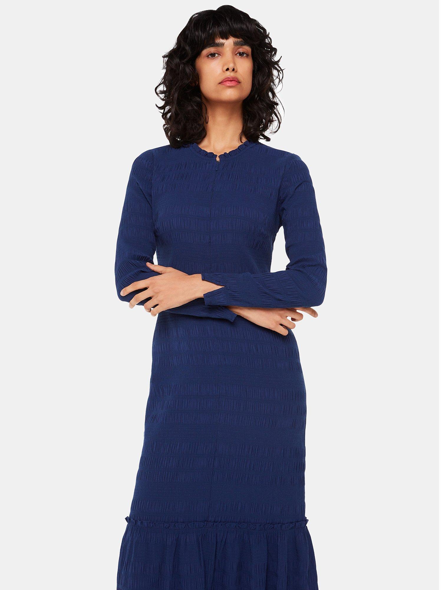 Product image 3 of 5, which shows Whistles Mila Textured Midi Dress, Navy, 6