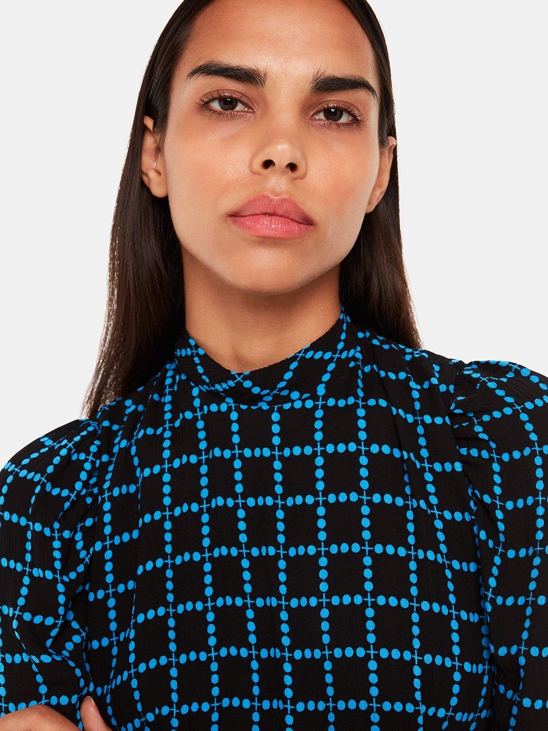 Product image 3 of 6, which shows Whistles Abacus Check High Neck Dress, Blue/Multi, 8