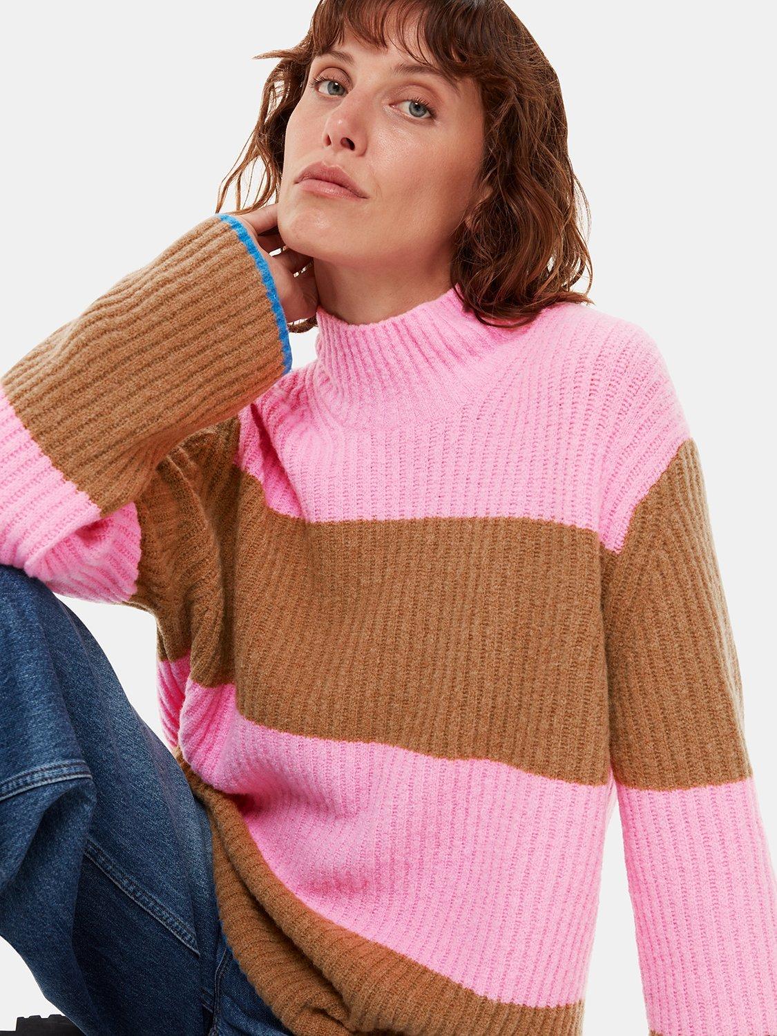 Whistles Block Stripe Rib Knit Funnel Neck Jumper, Pink/Multi