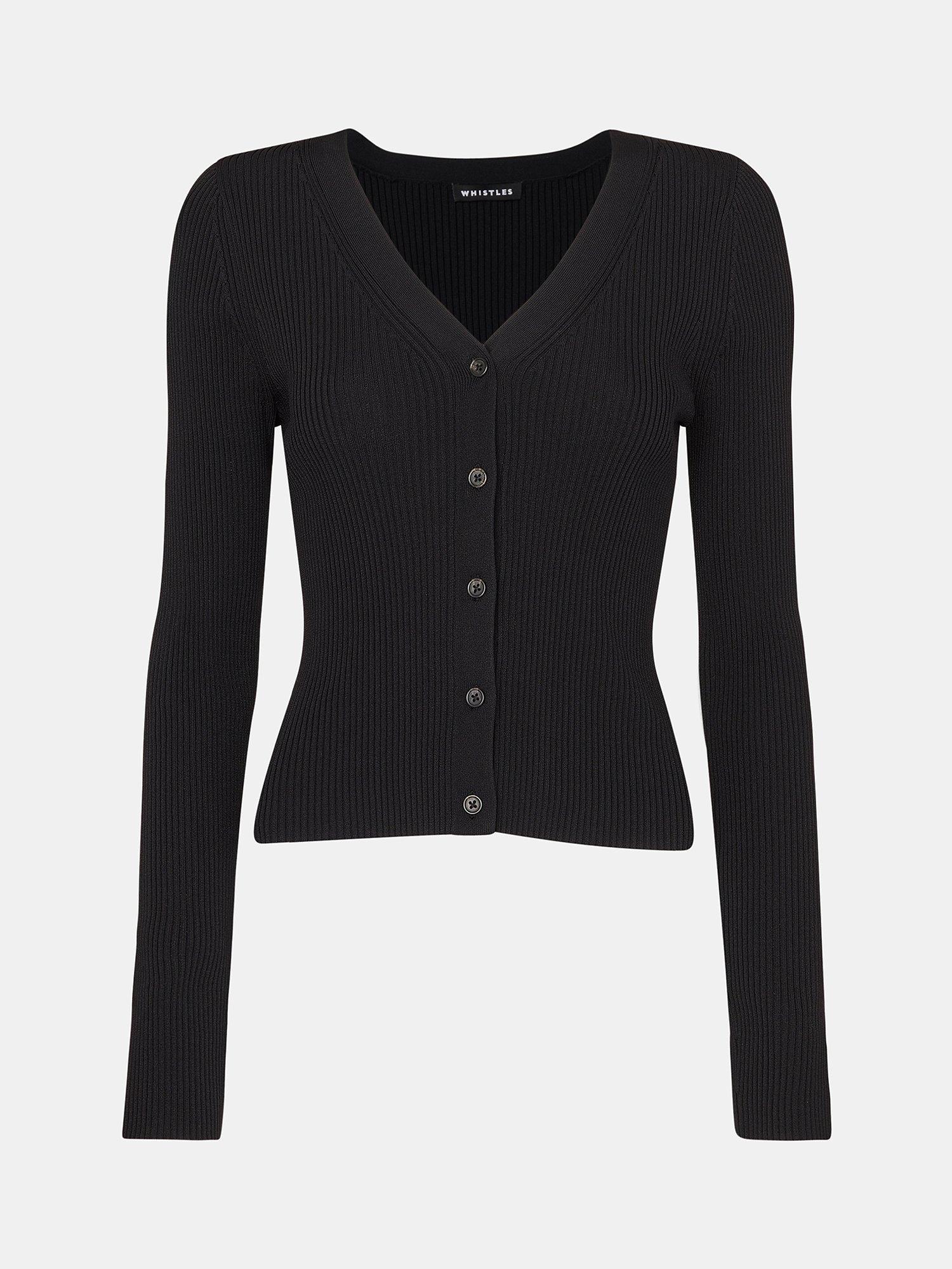 Product image 5 of 5, which shows Whistles Ribbed V-Neck Cardigan, Black, 18