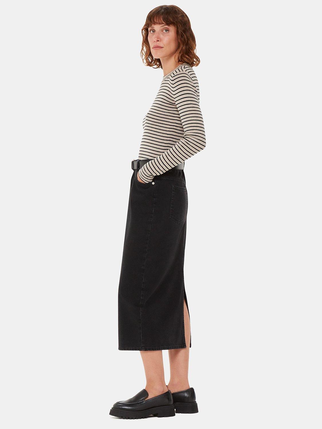 Whistles Fine Stripe Crew Neck Knitted Top, Black/Ecru, XL