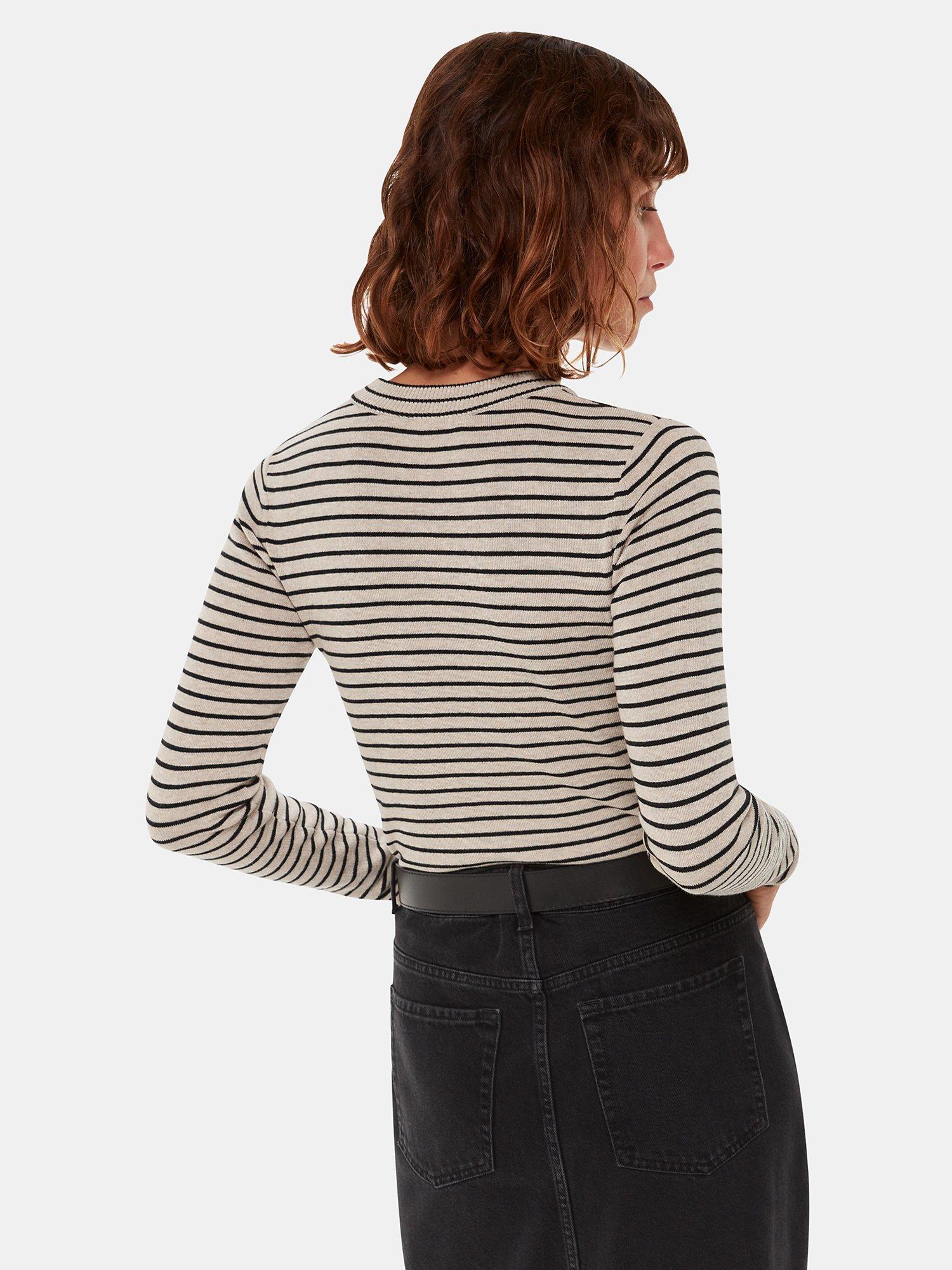 Whistles Fine Stripe Crew Neck Knitted Top, Black/Ecru, XL