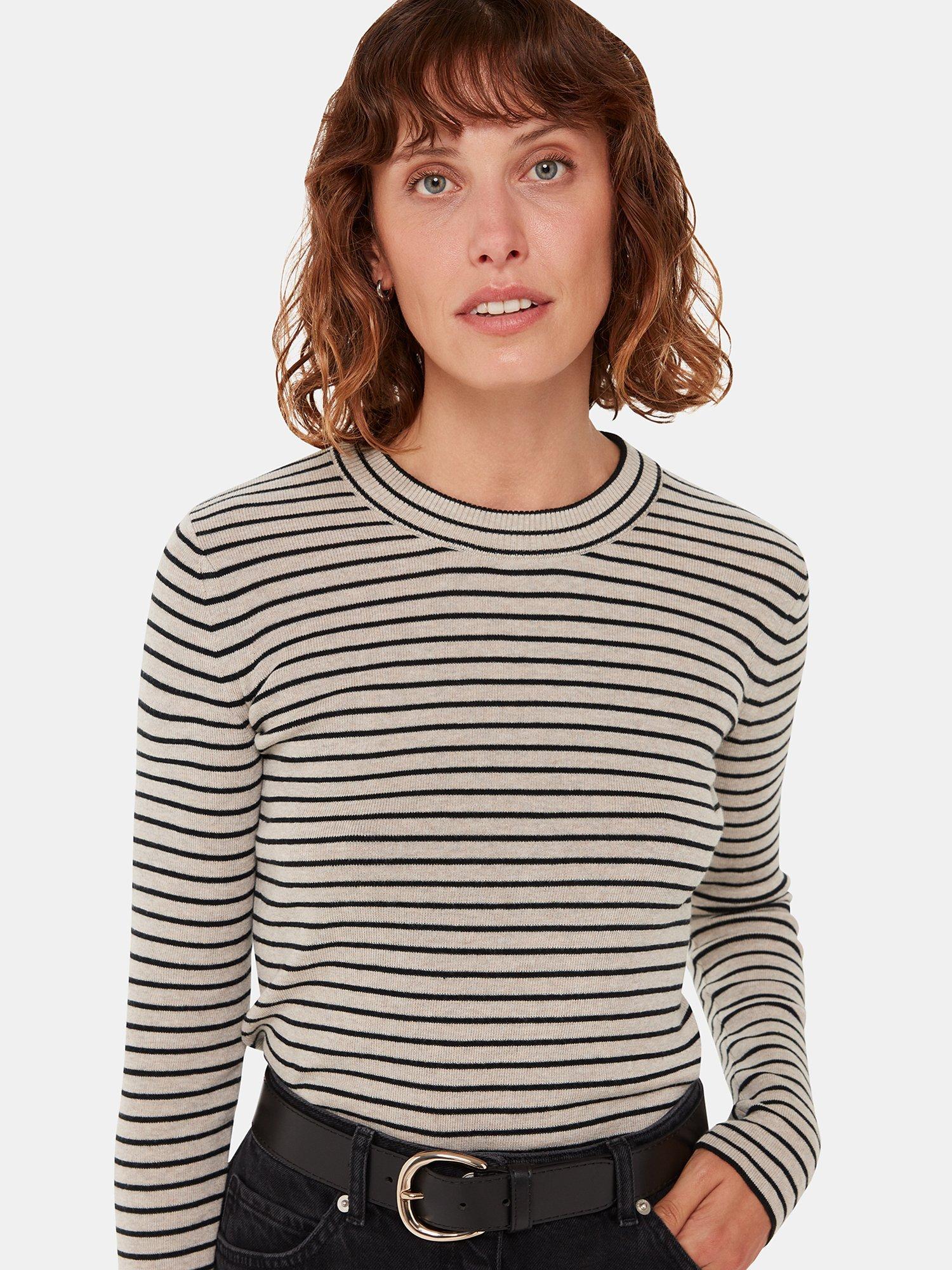 Whistles Fine Stripe Crew Neck Knitted Top, Black/Ecru, XL