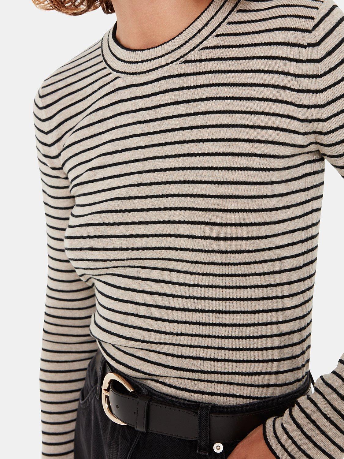 Whistles Fine Stripe Crew Neck Knitted Top, Black/Ecru, XL