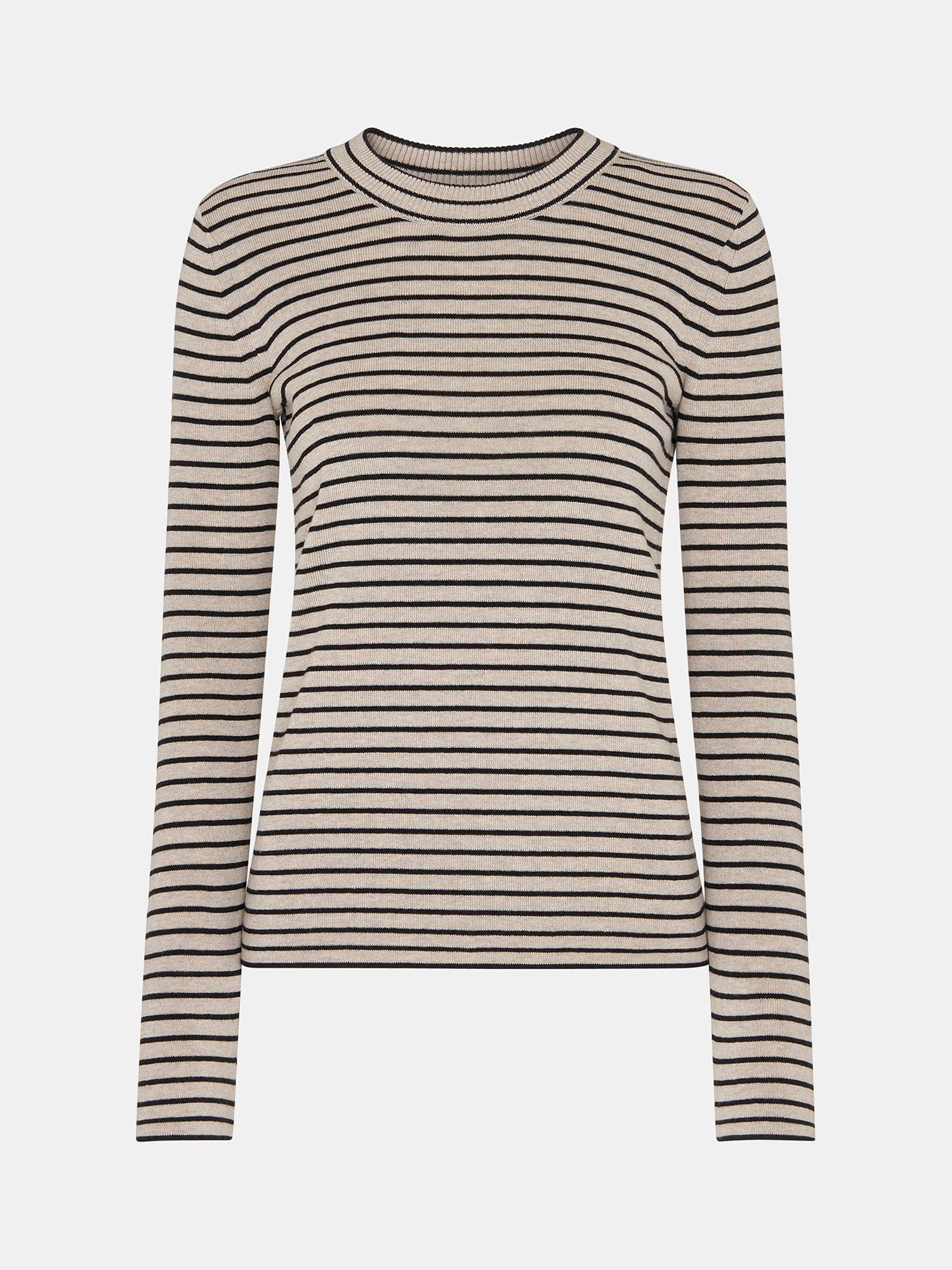 Whistles Fine Stripe Crew Neck Knitted Top, Black/Ecru, XL