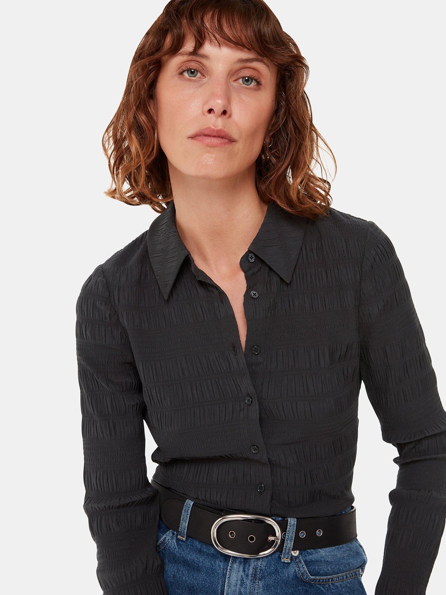 Whistles Plisse Ruched Shirt, Black
