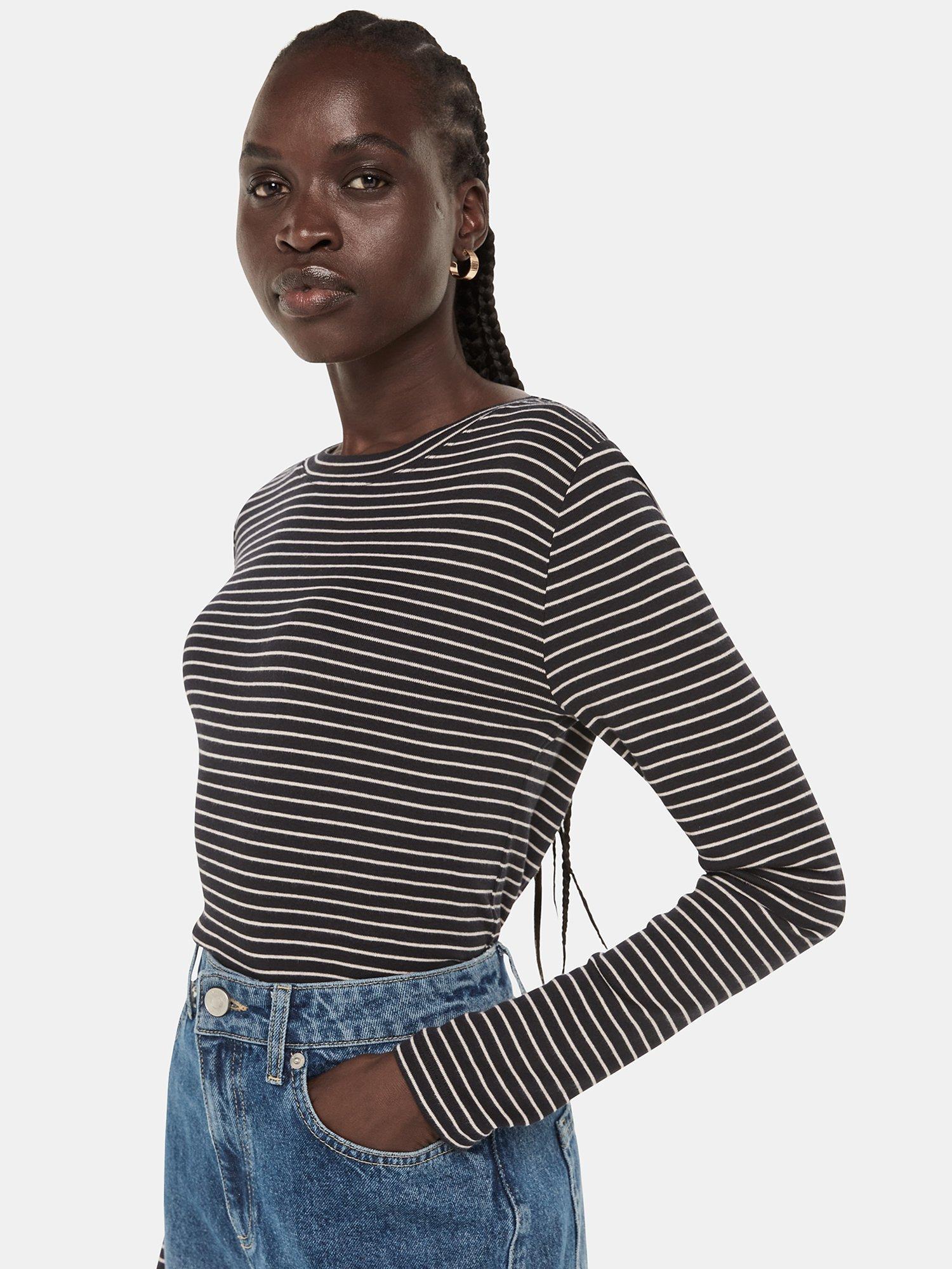 Product image 1 of 5, which shows Whistles Essential Slim Stripe Crew T-Shirt, Navy/Multi, 20