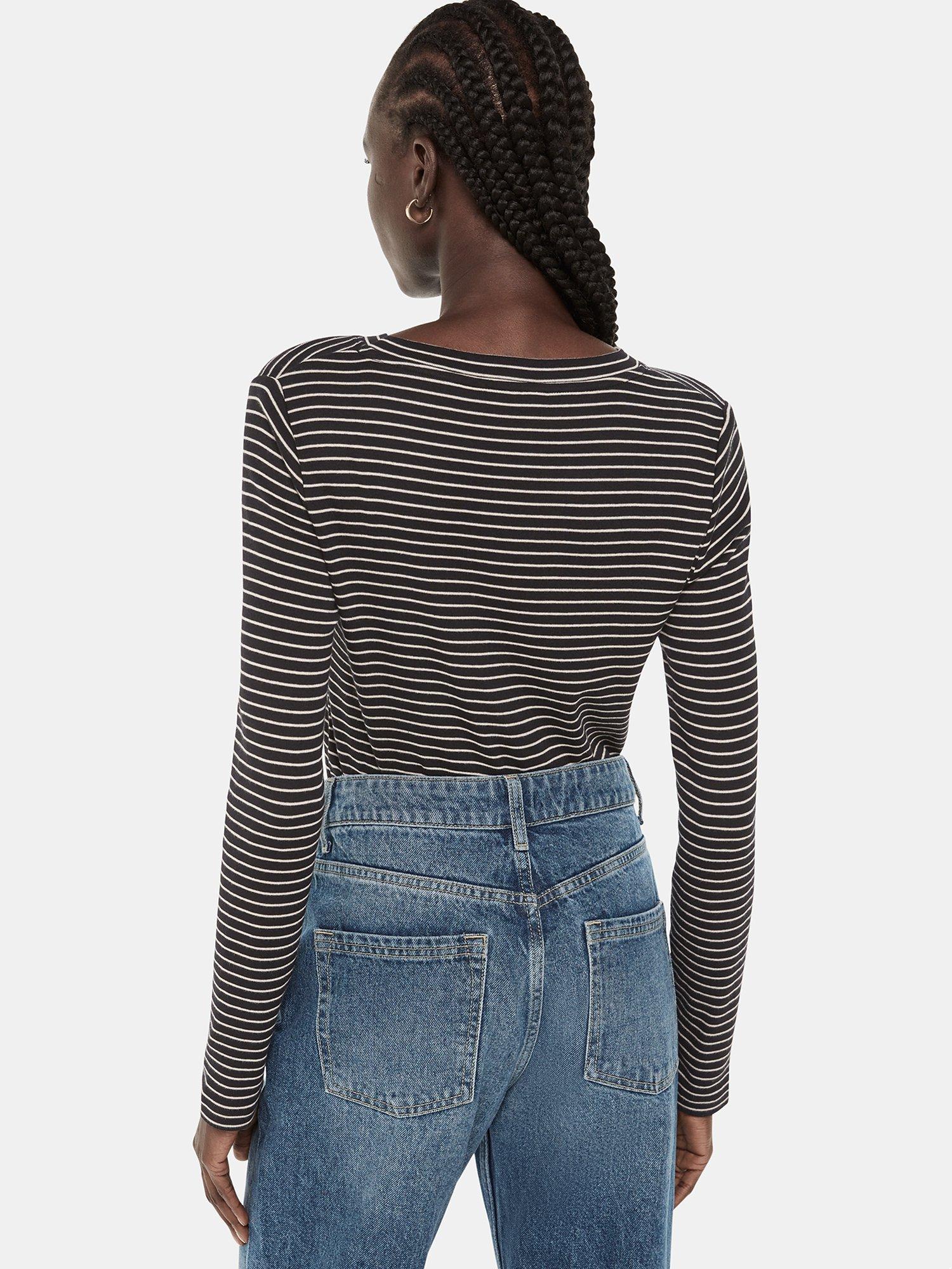 Product image 2 of 5, which shows Whistles Essential Slim Stripe Crew T-Shirt, Navy/Multi, 20