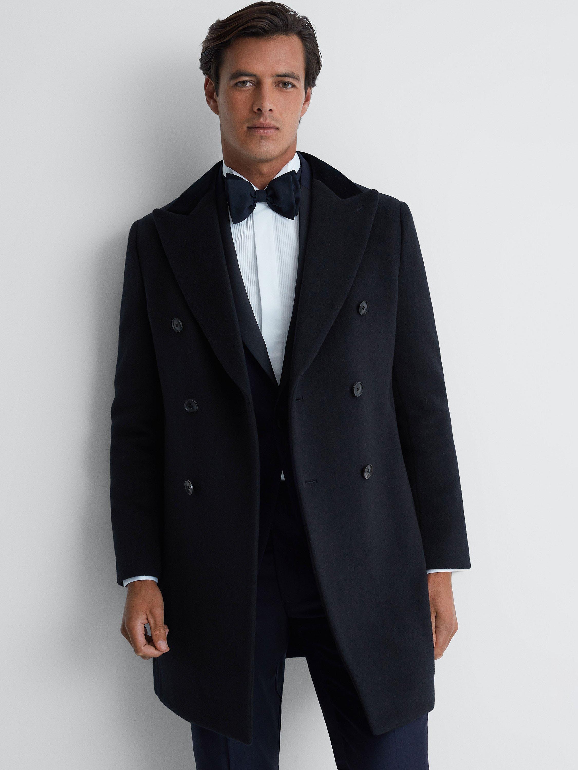 Reiss Waffle Long Sleeve Wool Coat, Navy