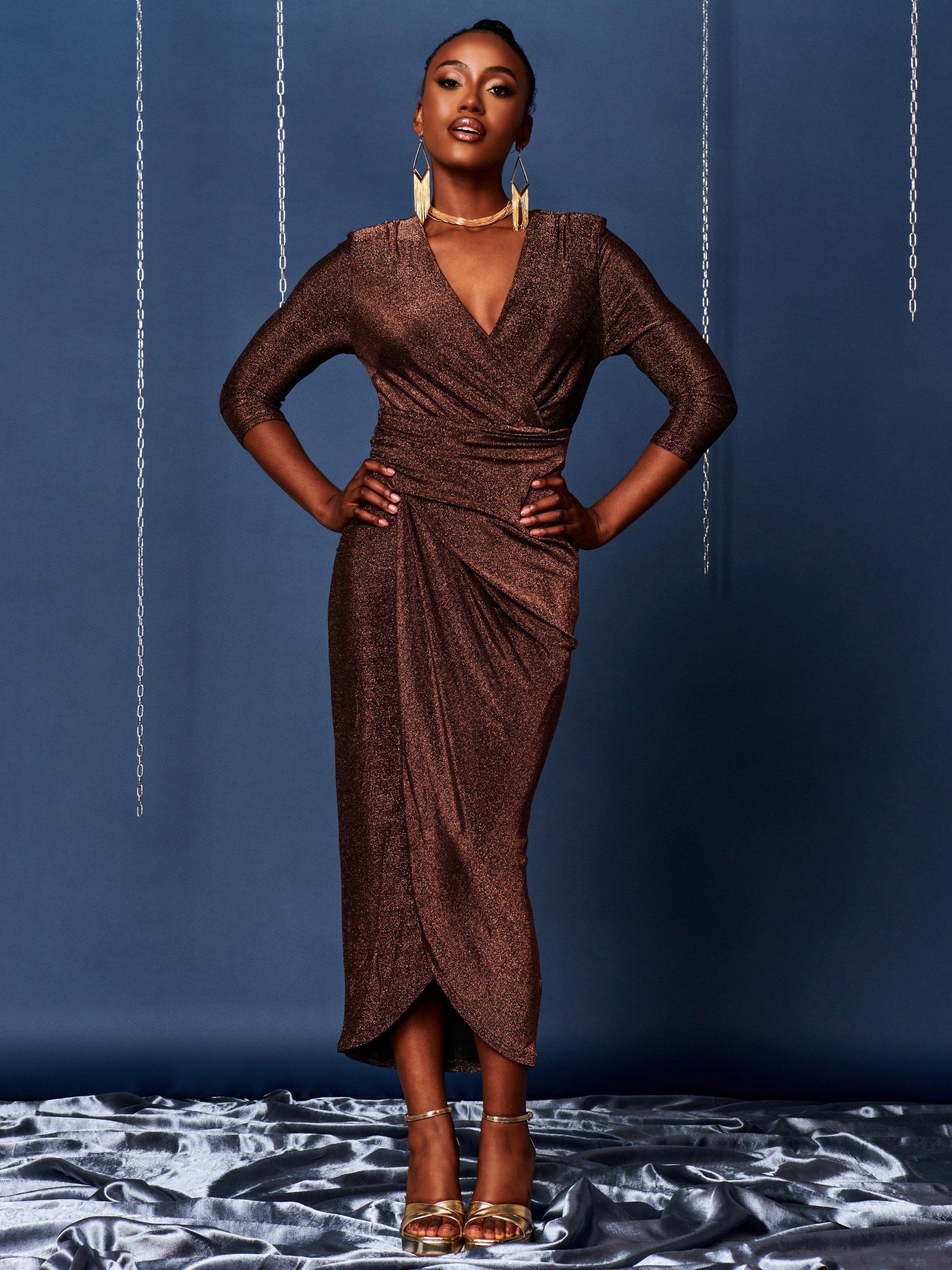 Product image 3 of 5, which shows Jolie Moi Sparkly Bodycon Maxi Wrap Dress, Bronze, 20