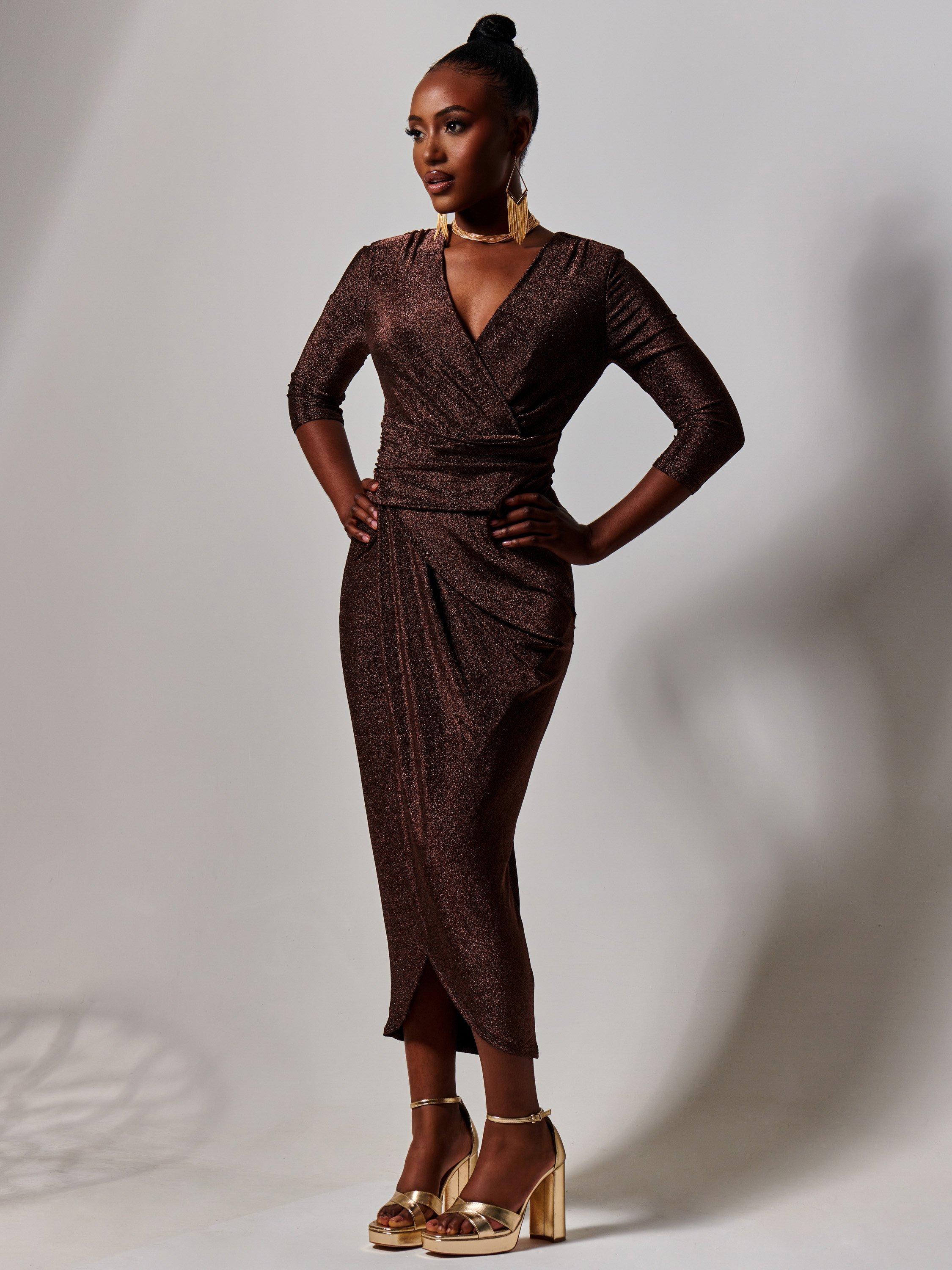 Product image 5 of 5, which shows Jolie Moi Sparkly Bodycon Maxi Wrap Dress, Bronze, 20