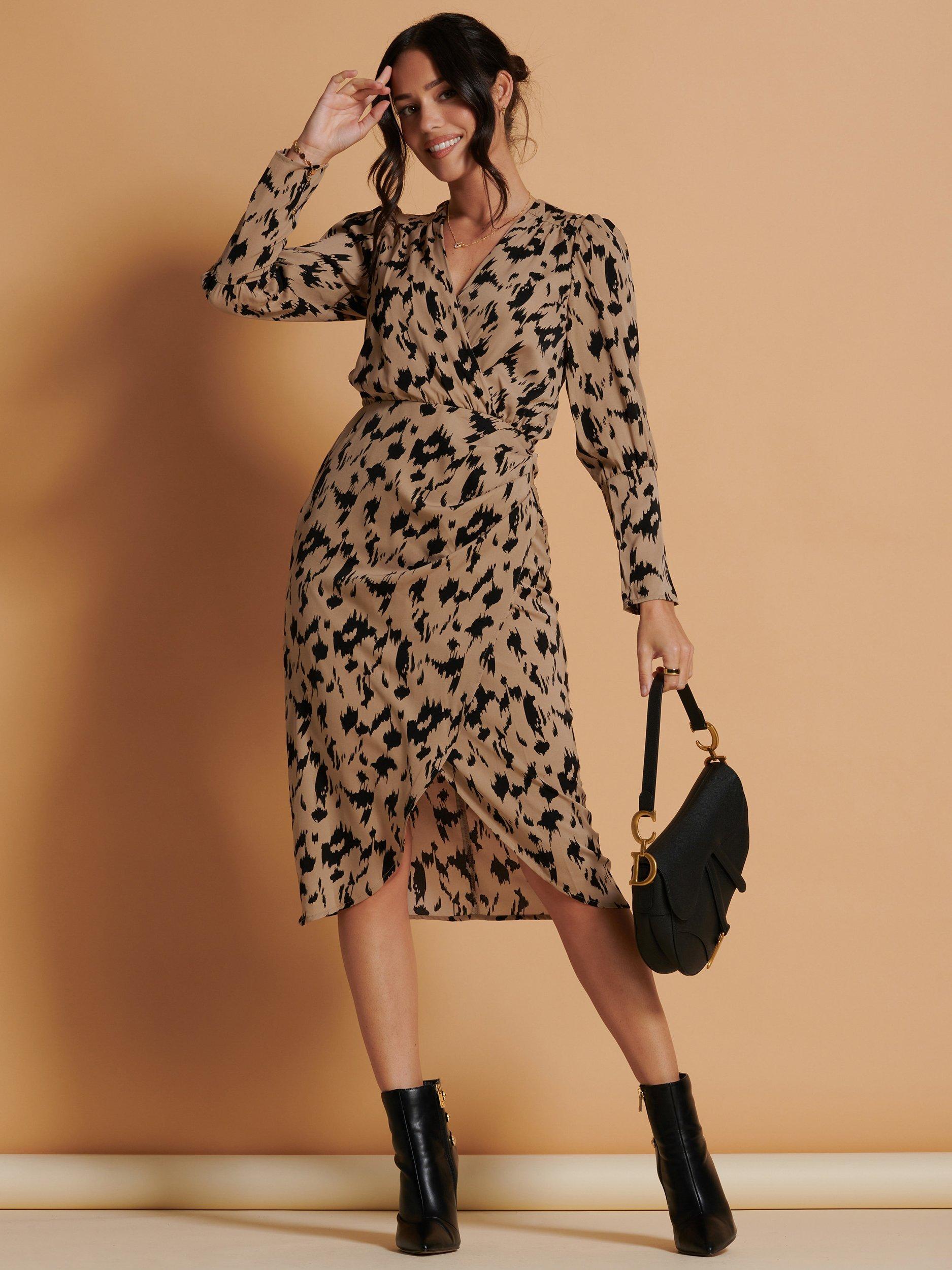 Product image 1 of 6, which shows Jolie Moi Wrap Detail Bodycon Dress, Beige/Black, 20