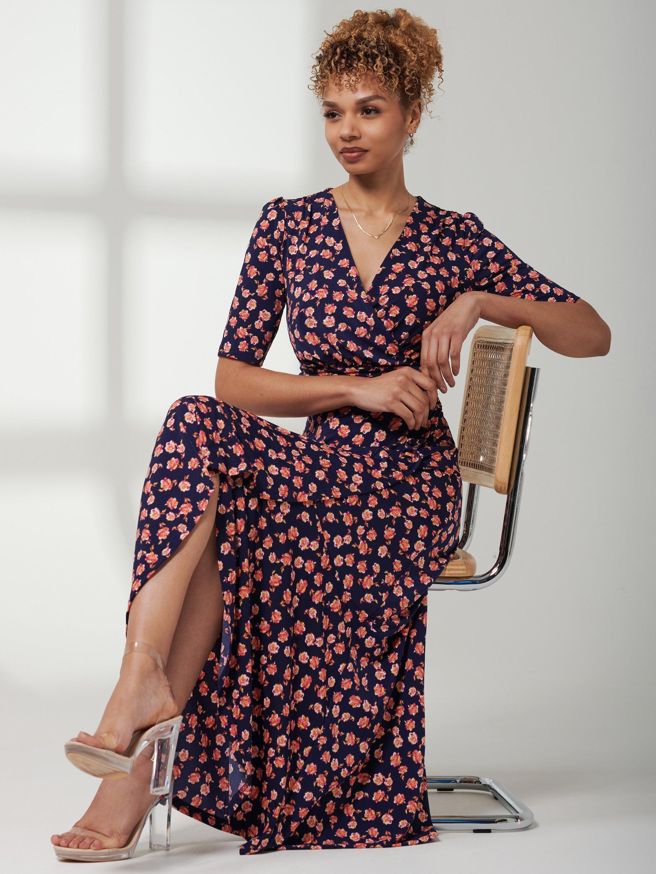 Jolie Moi Floral Frill Maxi Dress, Navy, 8