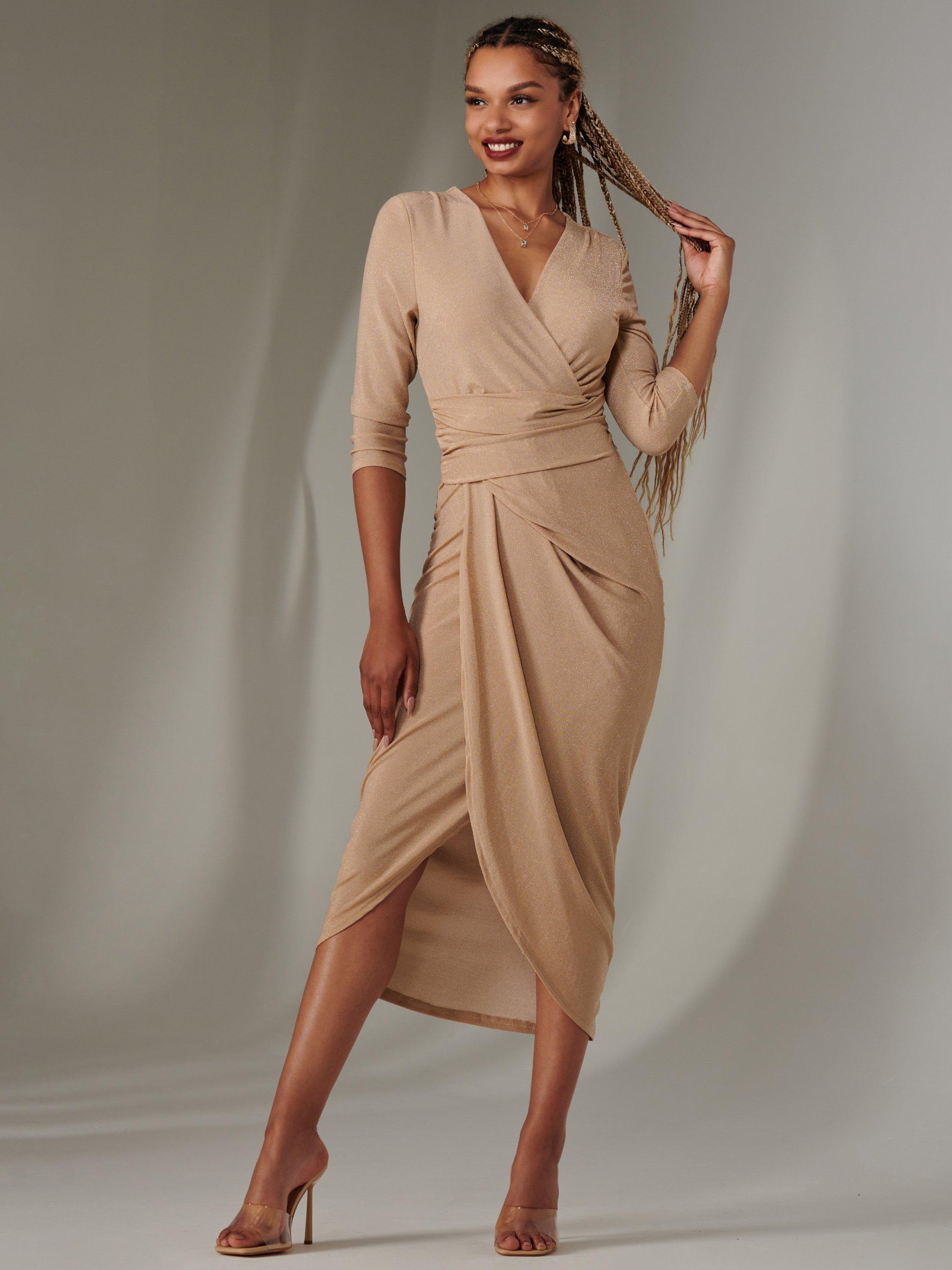 Product image 1 of 5, which shows Jolie Moi Sparkly Wrap Bodycon Dress, Neutral, 20