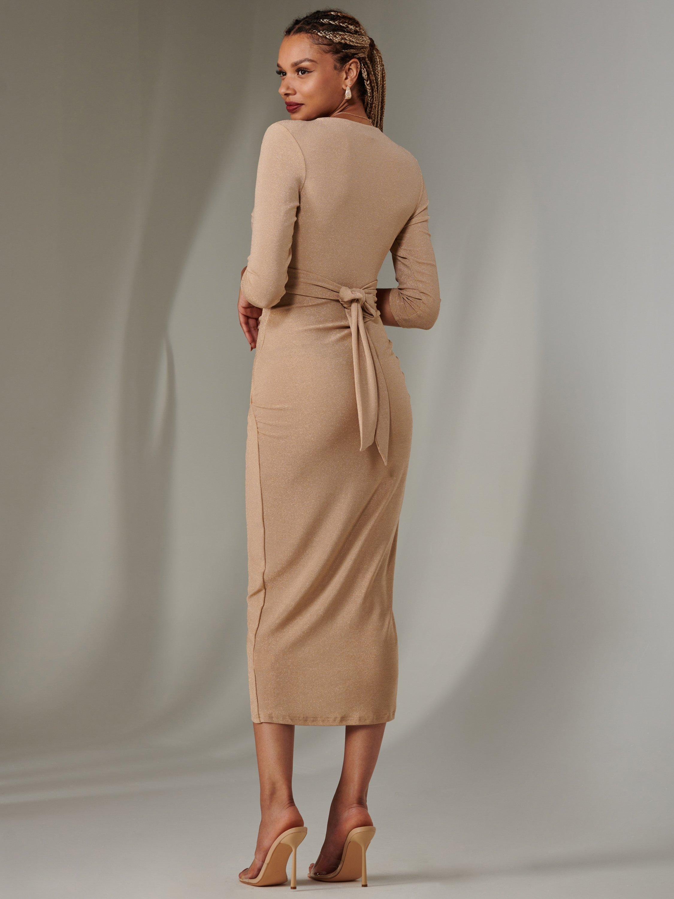 Product image 2 of 5, which shows Jolie Moi Sparkly Wrap Bodycon Dress, Neutral, 20