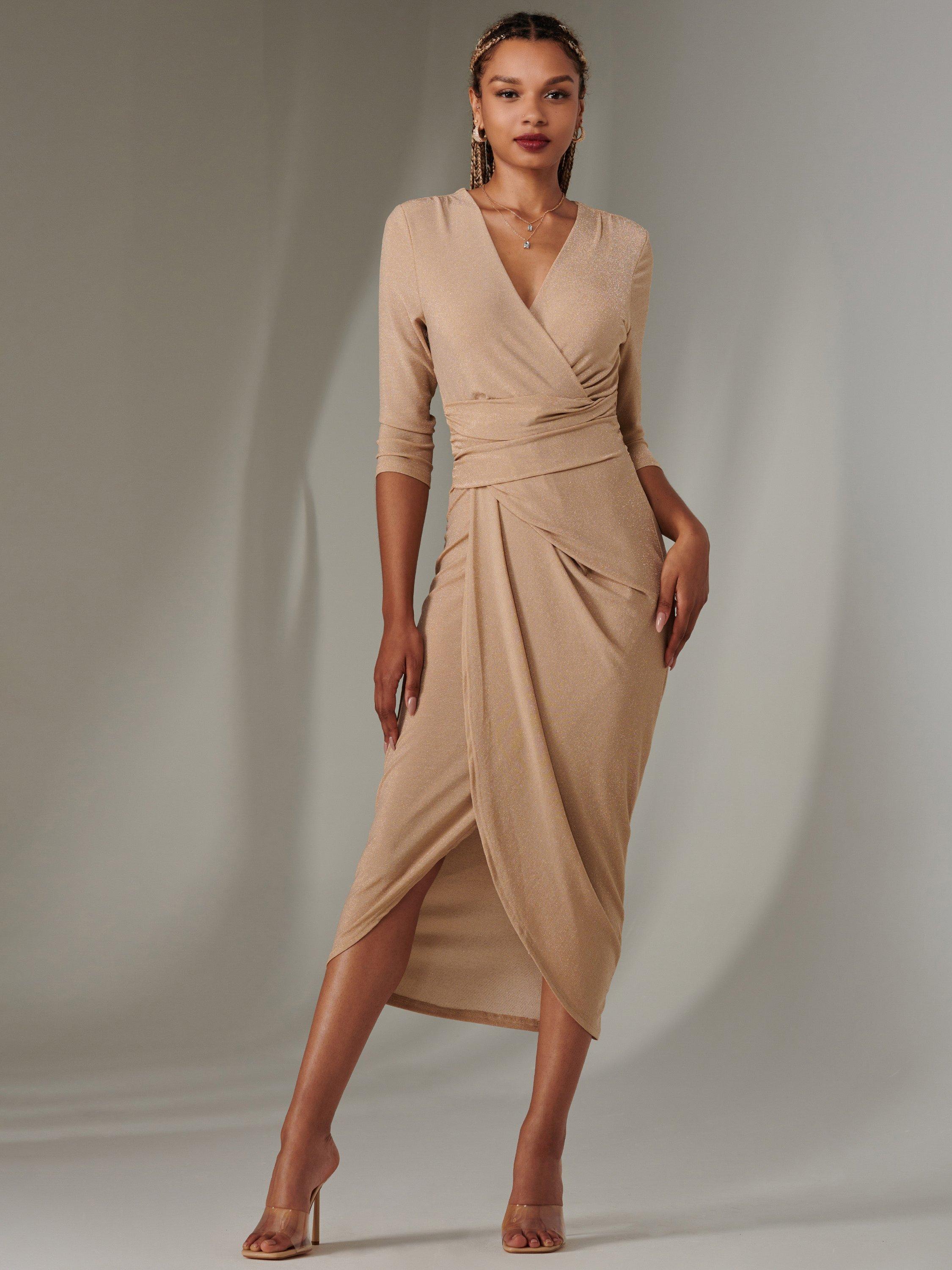 Product image 3 of 5, which shows Jolie Moi Sparkly Wrap Bodycon Dress, Neutral, 20