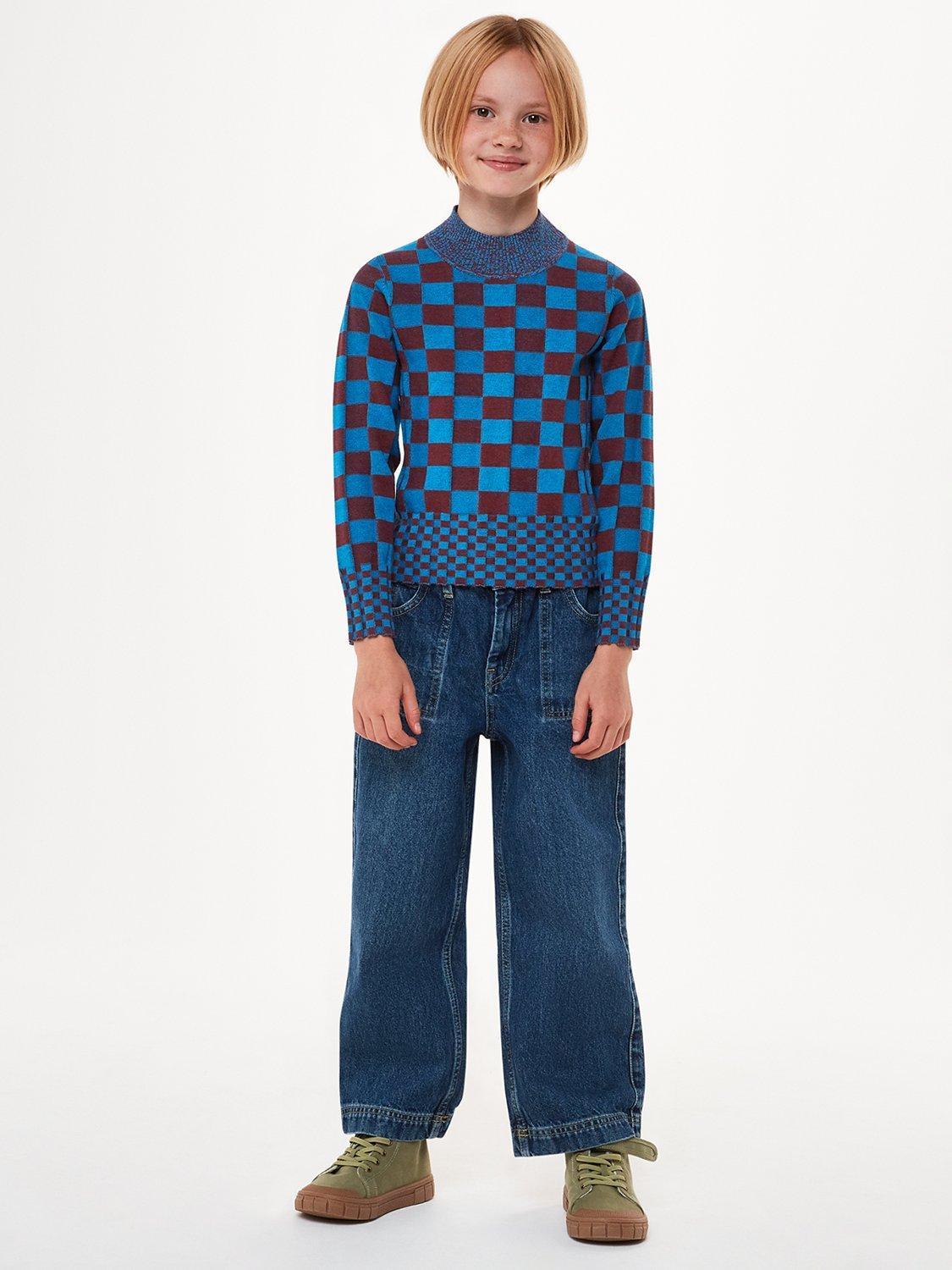 Product image 3 of 5, which shows Whistles Kids' Checkerboard Knit Jumper, Blue/Multi, 3-4 years