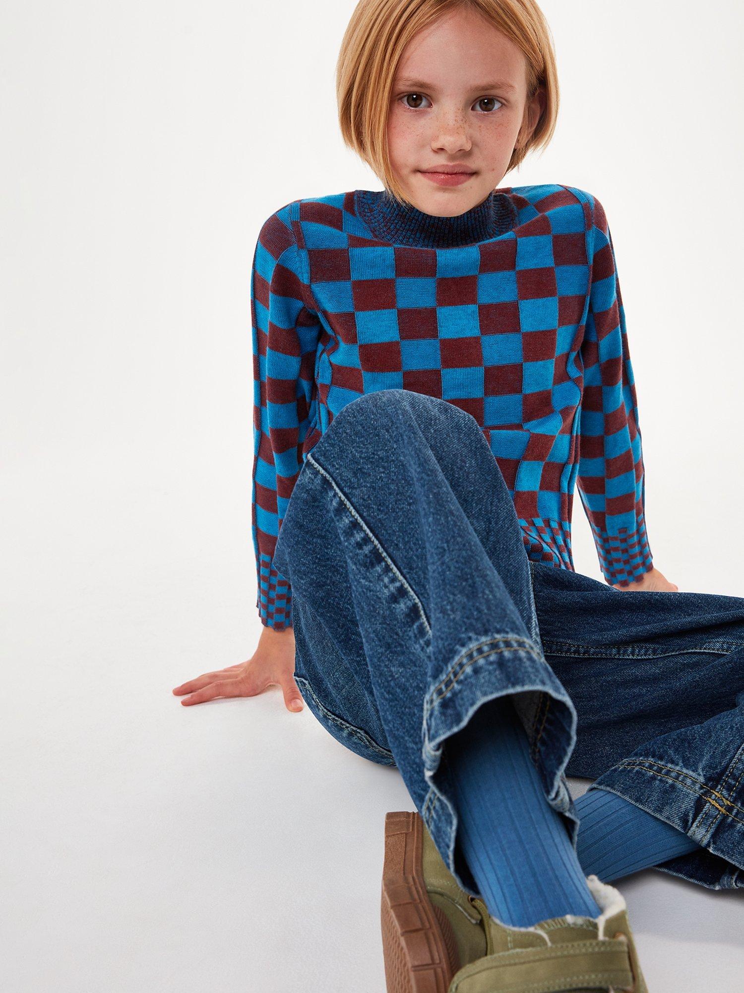 Product image 4 of 5, which shows Whistles Kids' Checkerboard Knit Jumper, Blue/Multi, 3-4 years