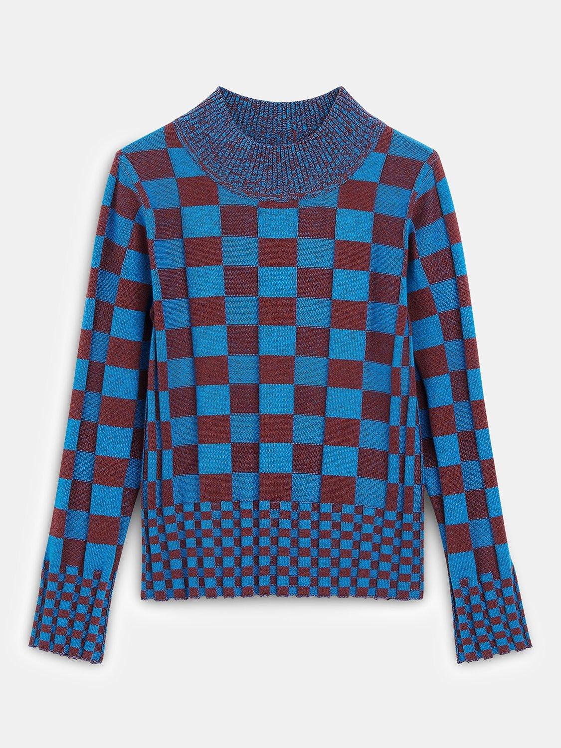 Product image 5 of 5, which shows Whistles Kids' Checkerboard Knit Jumper, Blue/Multi, 3-4 years