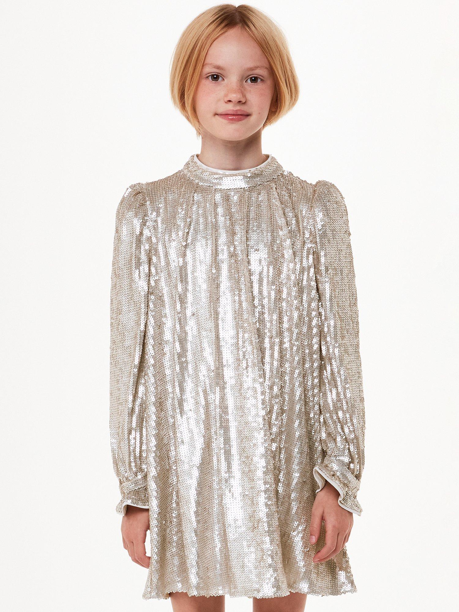 Product image 1 of 5, which shows Whistles Kids' Sadie Sequin Swing Dress, Silver, 3-4 years
