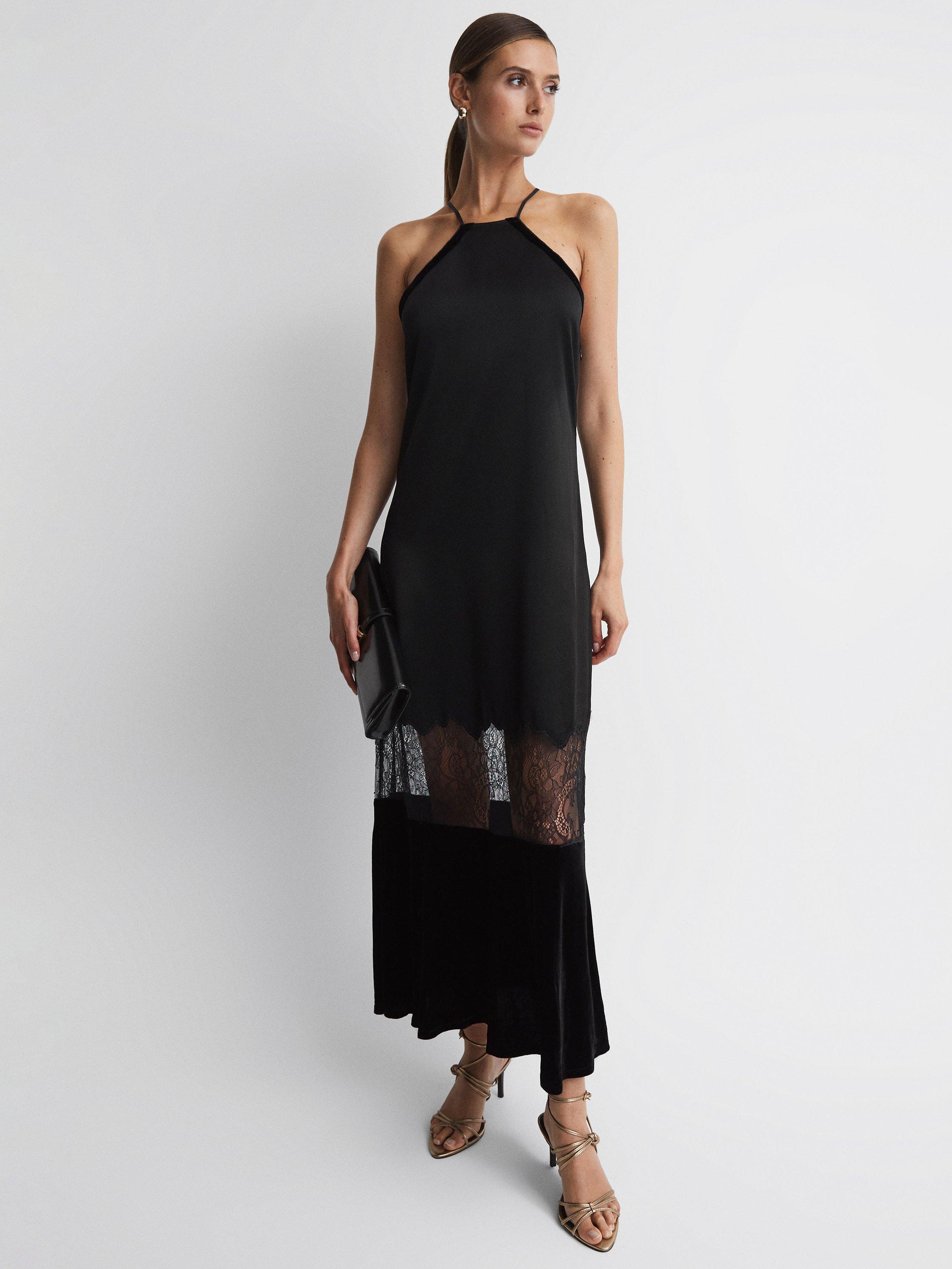 Reiss Janelle Satin Lace Panel Maxi Dress Black