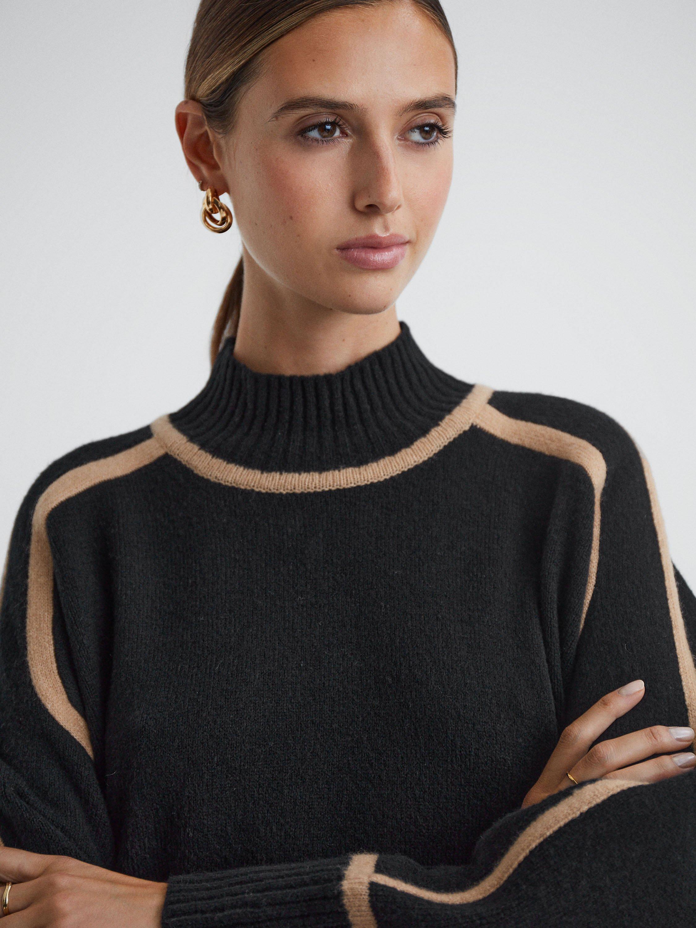 Reiss Geo Colour Contrast Stripe Wool Blend Jumper, Black/Camel