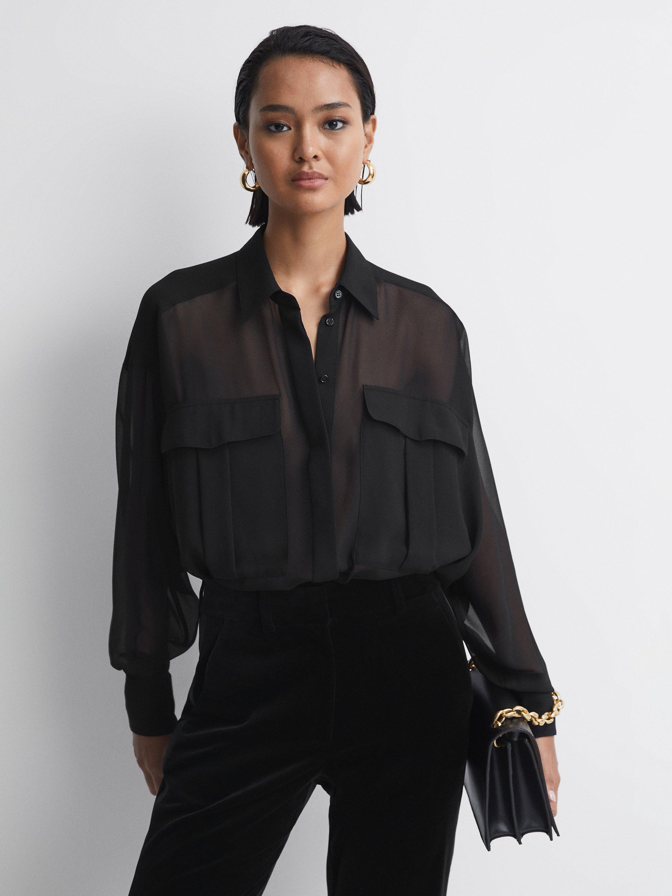 Reiss Adaline Oversized Sheer Shirt, Black