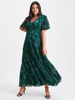 Scarlett & Jo Isabelle Velvet Flock Angel Sleeve Maxi Dress, Dark Green, Dark Green