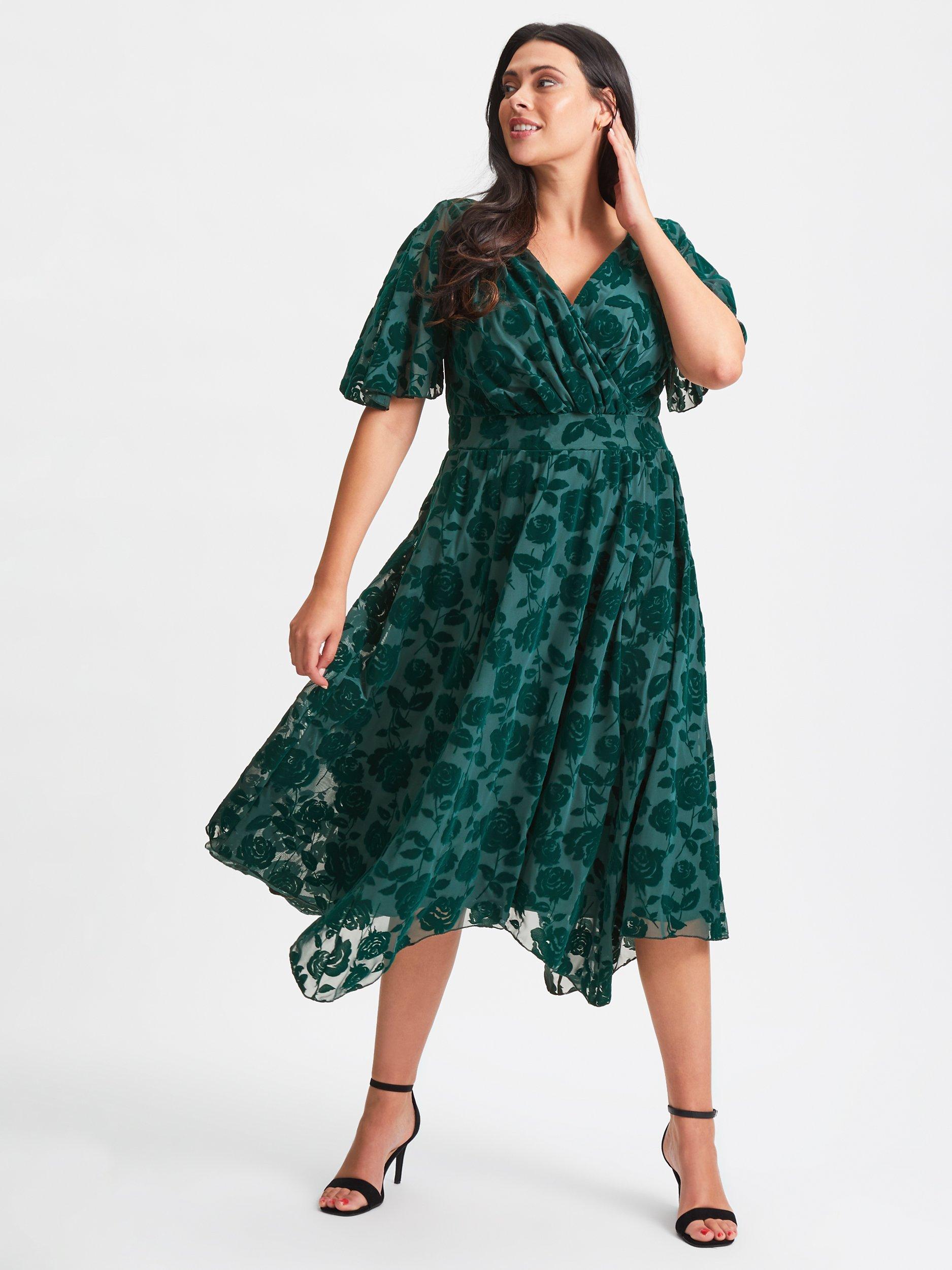 Product image 1 of 5, which shows Scarlett & Jo Julie Hanky Hem Midi Dress, Dark Green Flock, 14